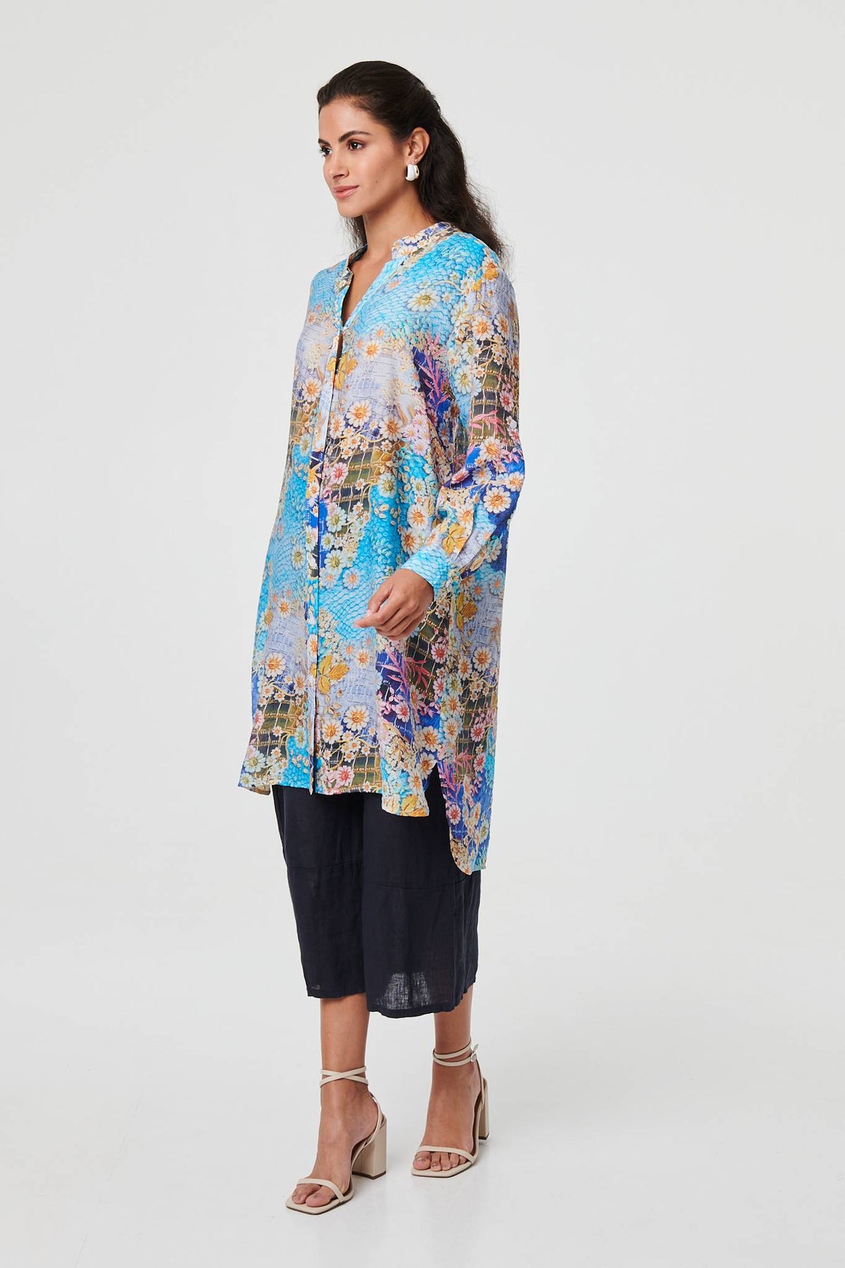 Floral Long Sleeve Longline Tunic Shirt Detail View