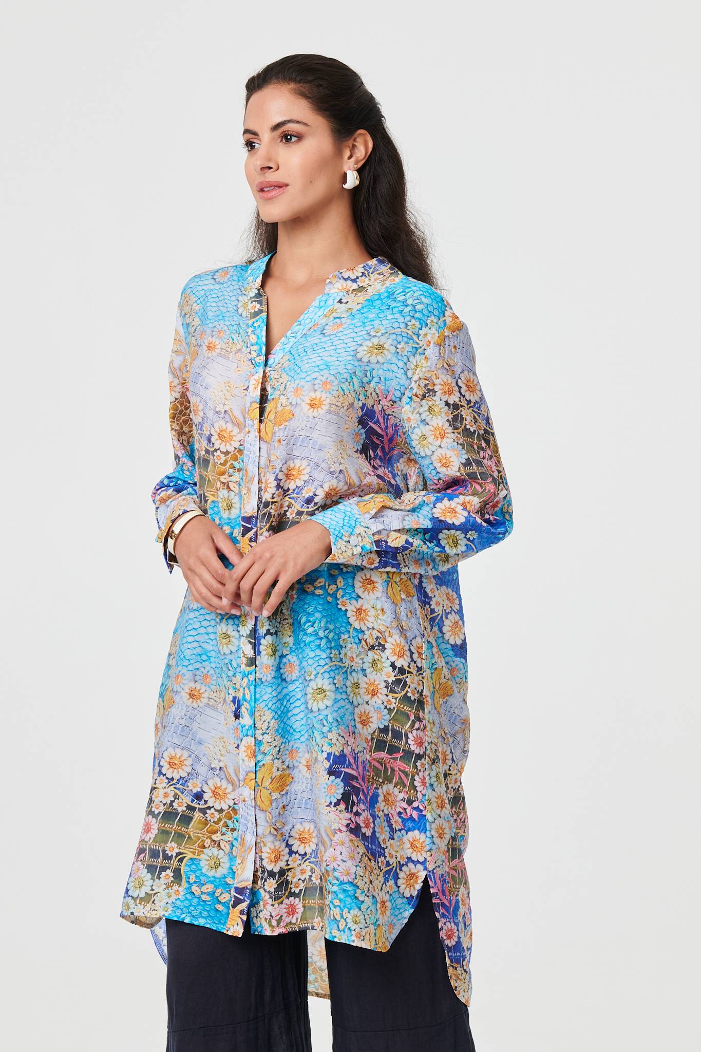 Floral Long Sleeve Longline Tunic Shirt Back View