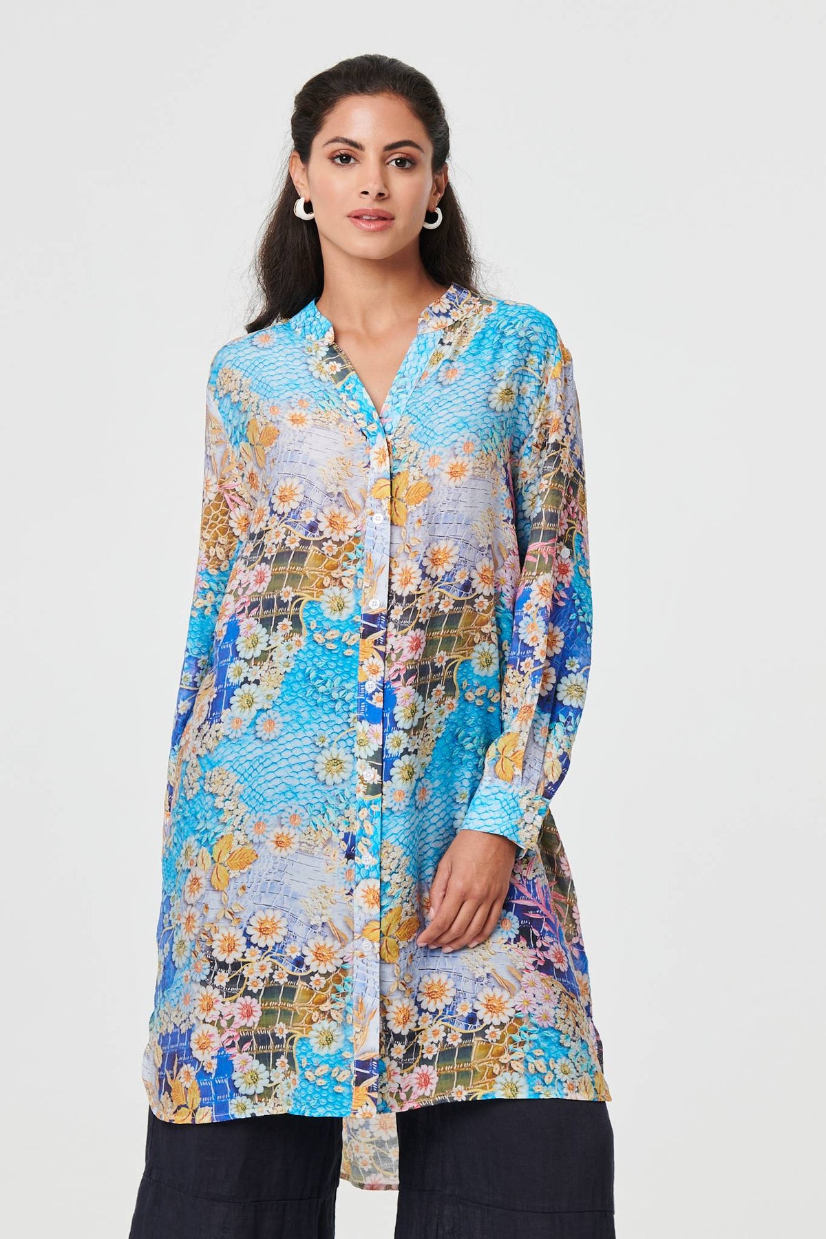 Floral Long Sleeve Longline Tunic Shirt Full Length View