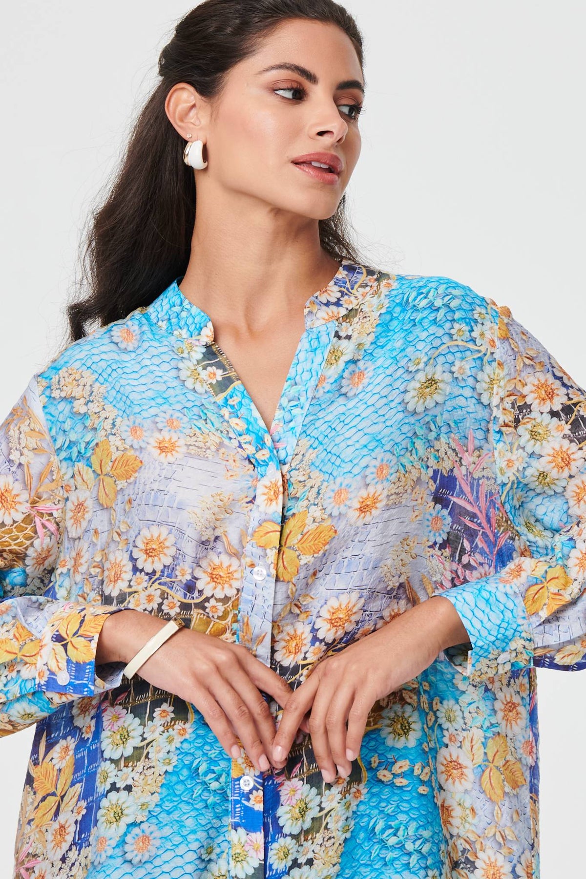 Floral Long Sleeve Longline Tunic Shirt Styled View