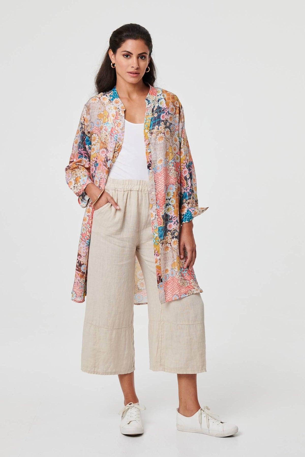 Floral Long Sleeve Longline Tunic Shirt Back View 2