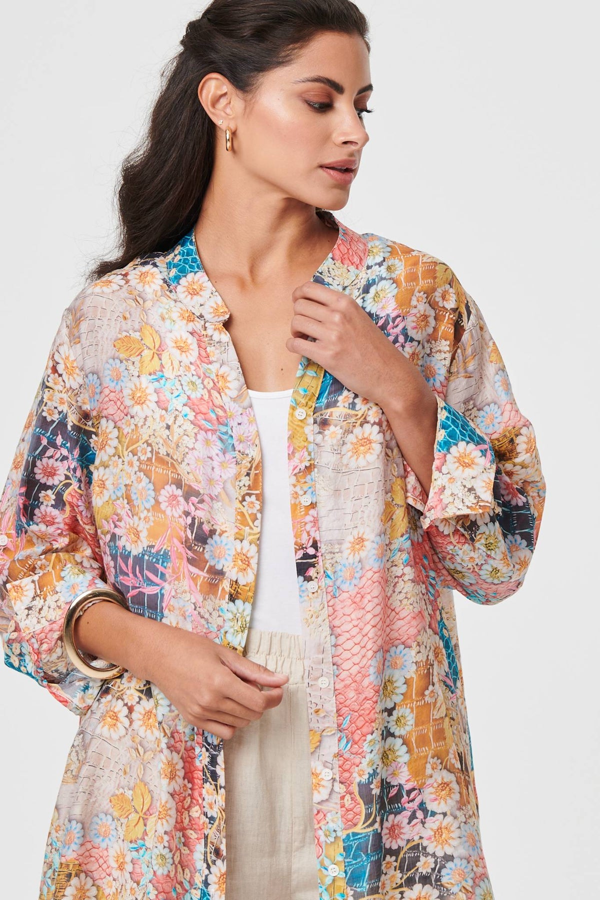 Floral Long Sleeve Longline Tunic Shirt Side View 2