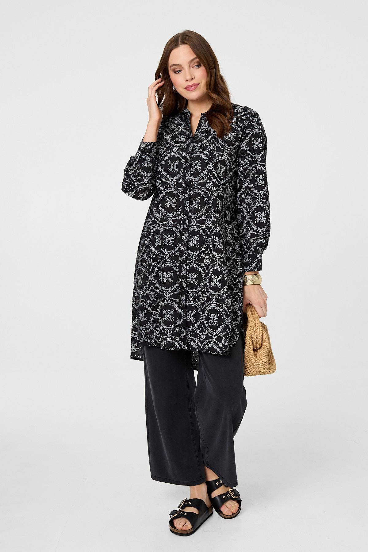 Printed Relaxed Knee Length Shirt Dress Front View