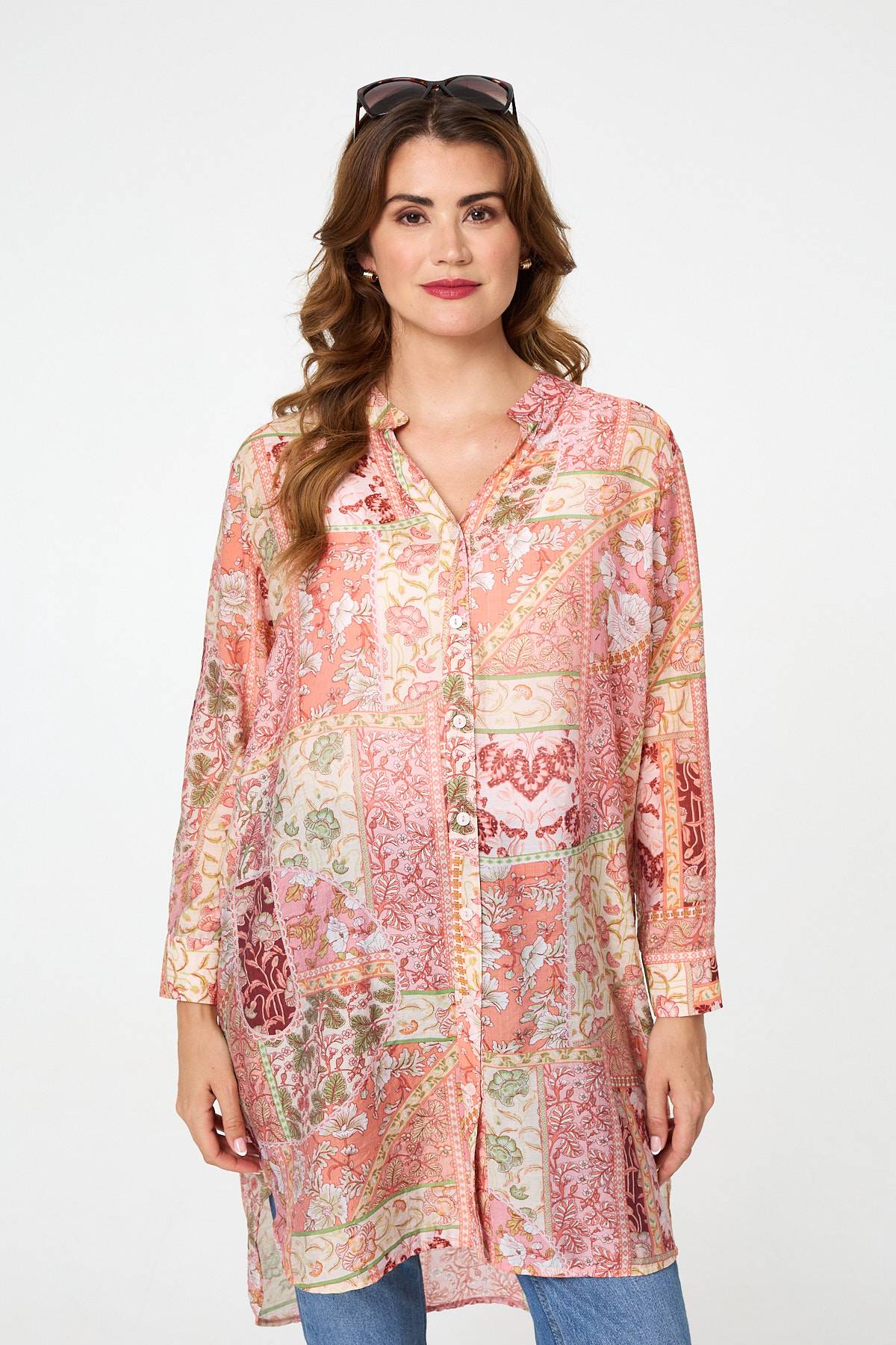 Printed Long Sleeve Longline Shirt Front View