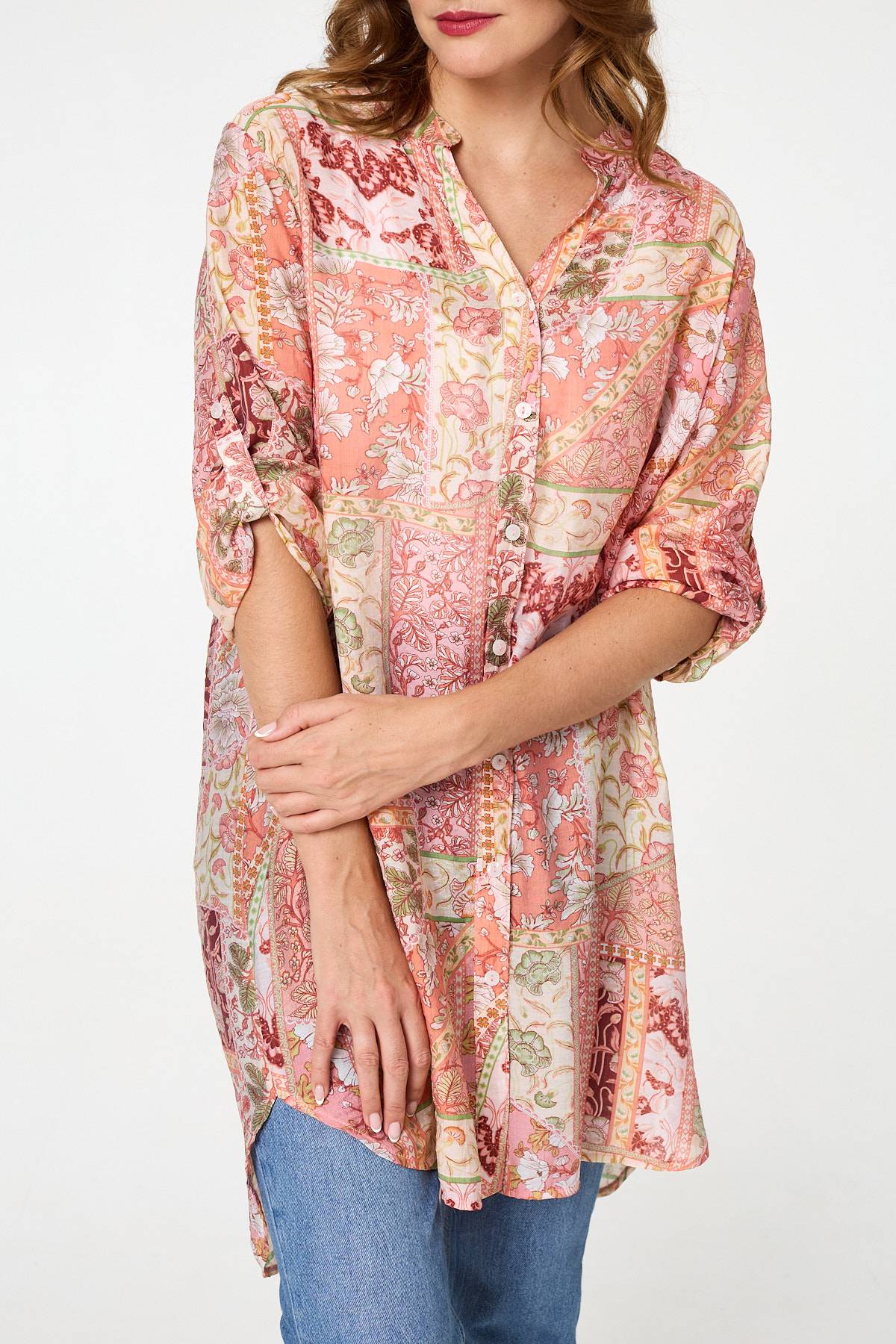 Printed Long Sleeve Longline Shirt Styled View