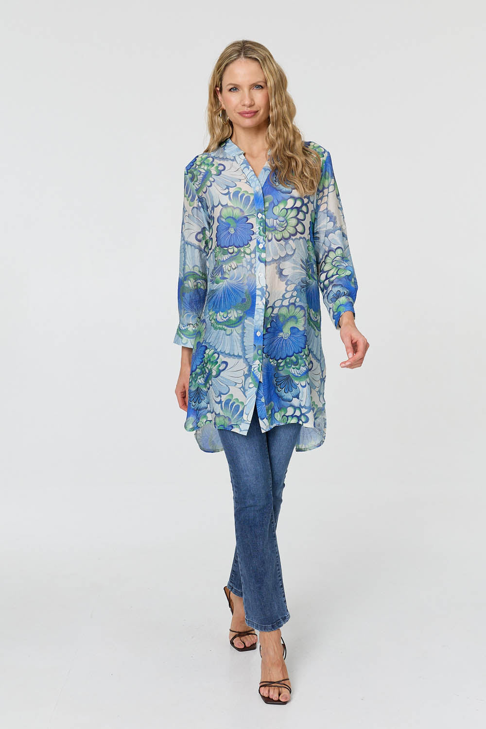 Floral Semi Sheer Longline Shirt Back View