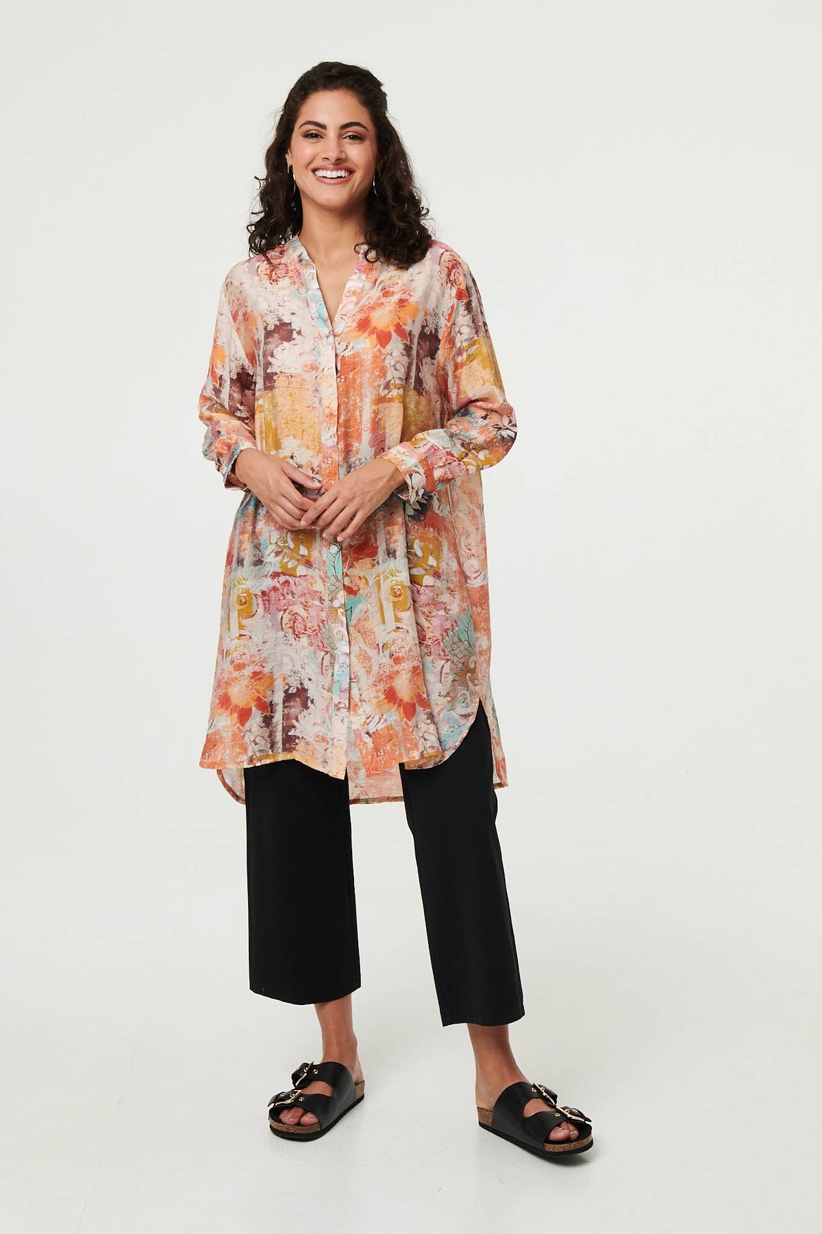 Abstract Long Sleeve Longline Shirt Full Length View