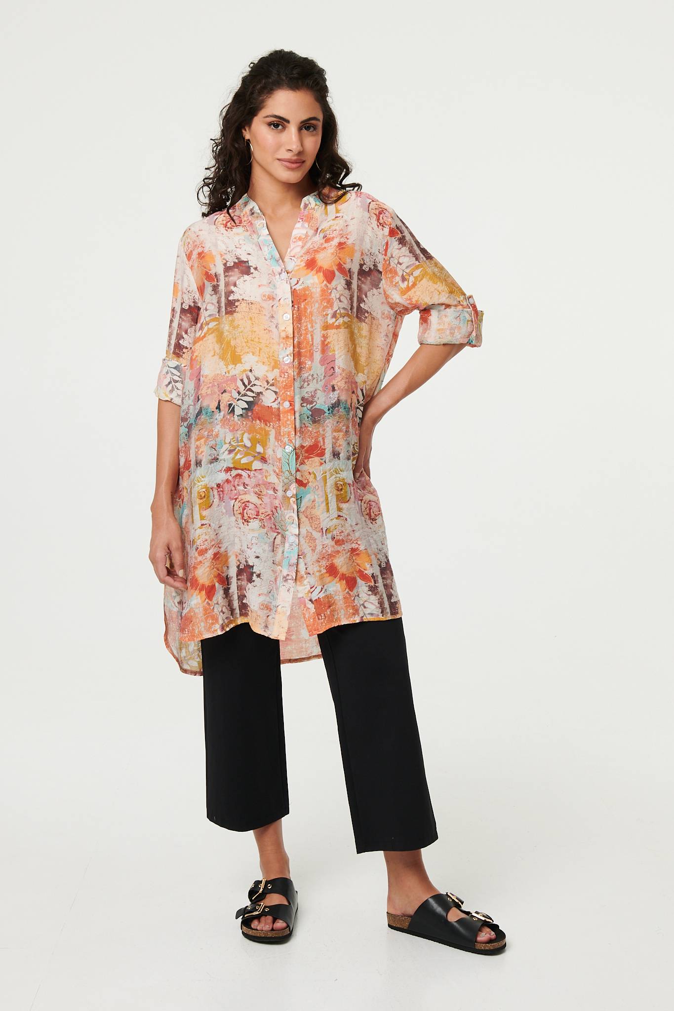 Abstract Long Sleeve Longline Shirt Front View