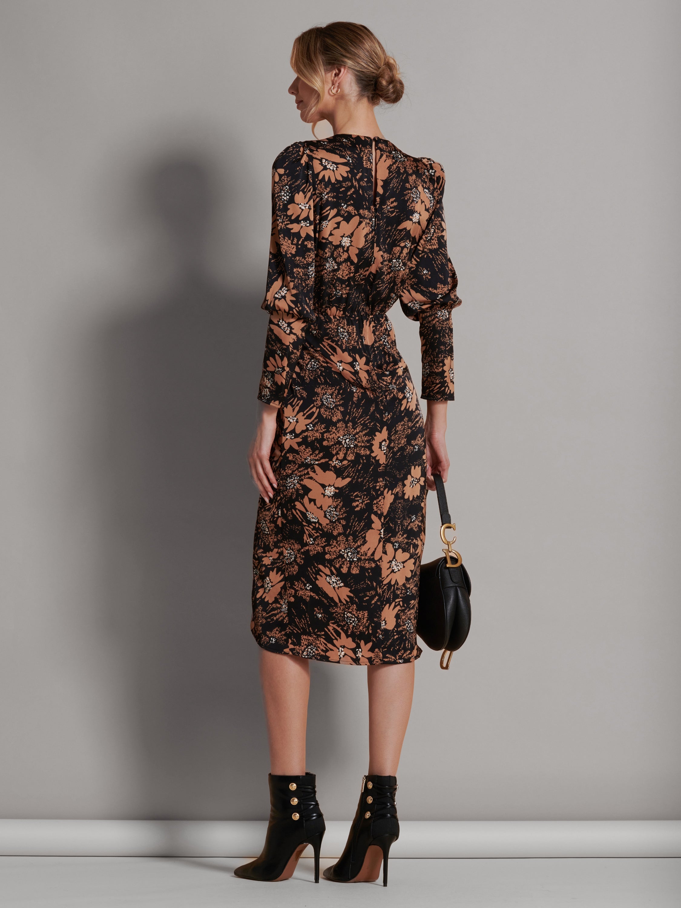 Satin Floral Shirt Dress Back View
