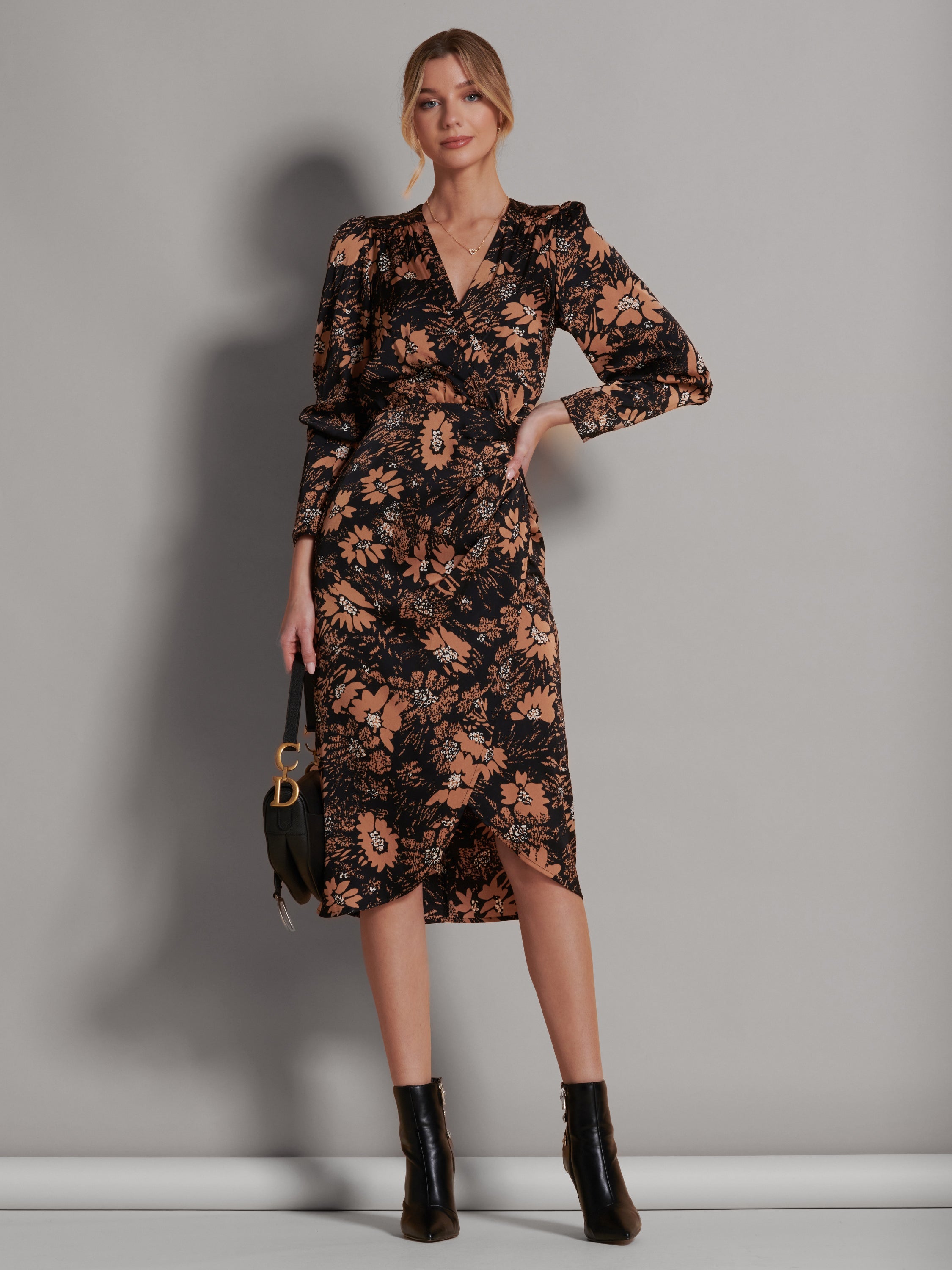 Satin Floral Shirt Dress Front View