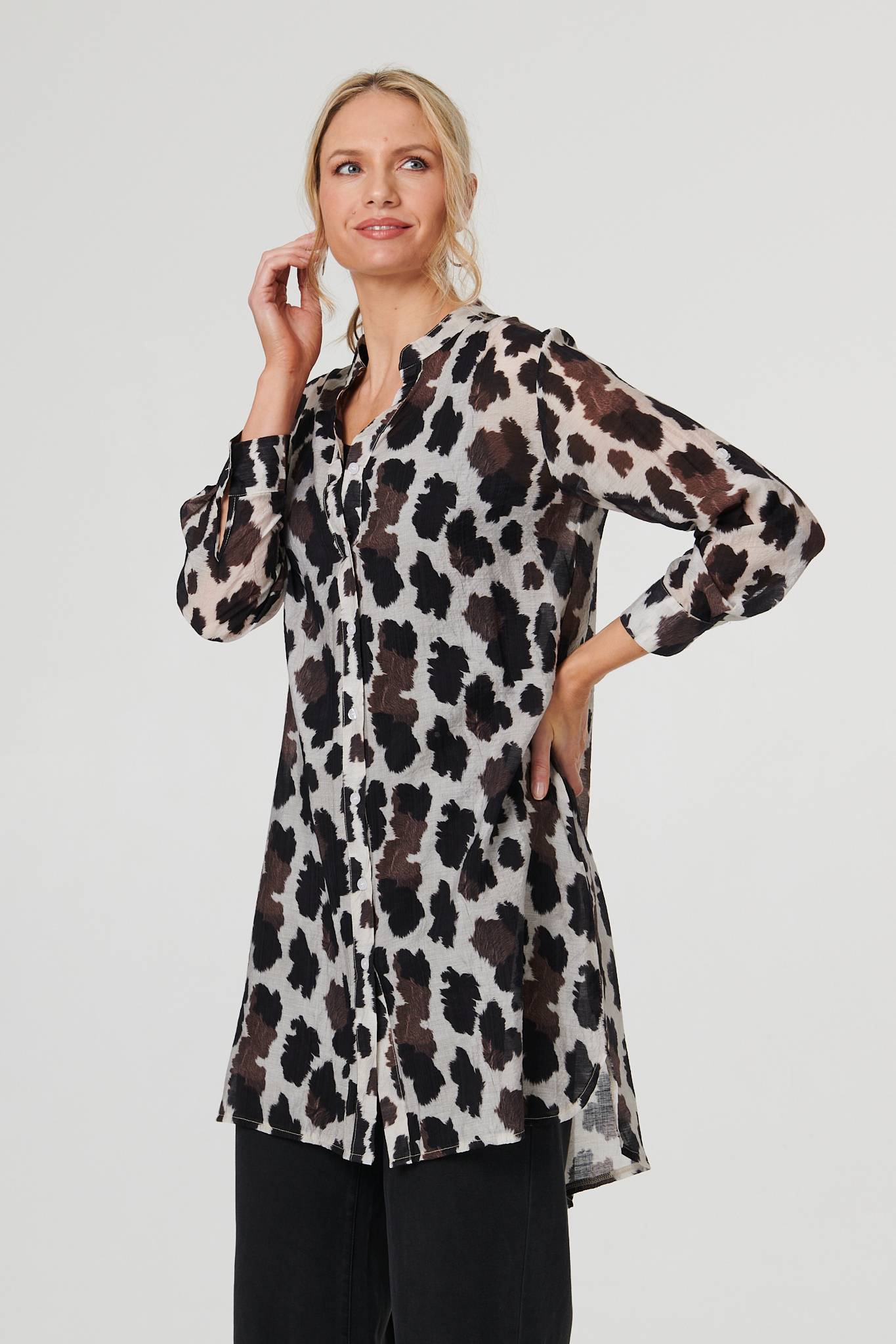 Animal Print Longline Semi Sheer Shirt Front View