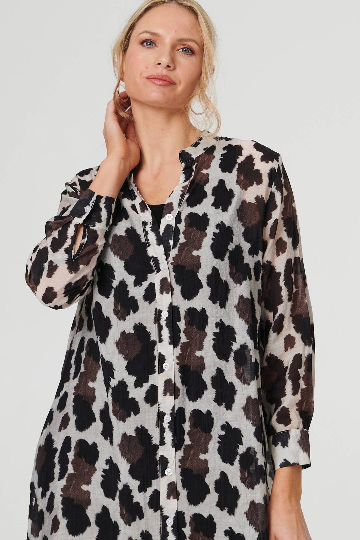 Animal Print Longline Semi Sheer Shirt Full Length View