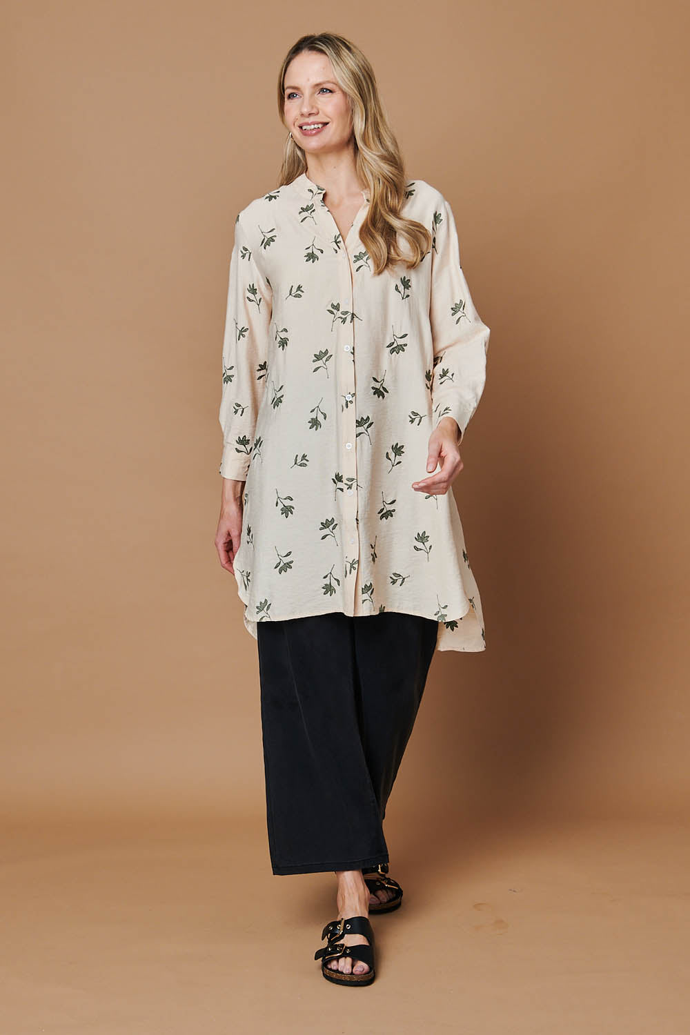 Floral Long Sleeve Casual Longline Shirt Front View