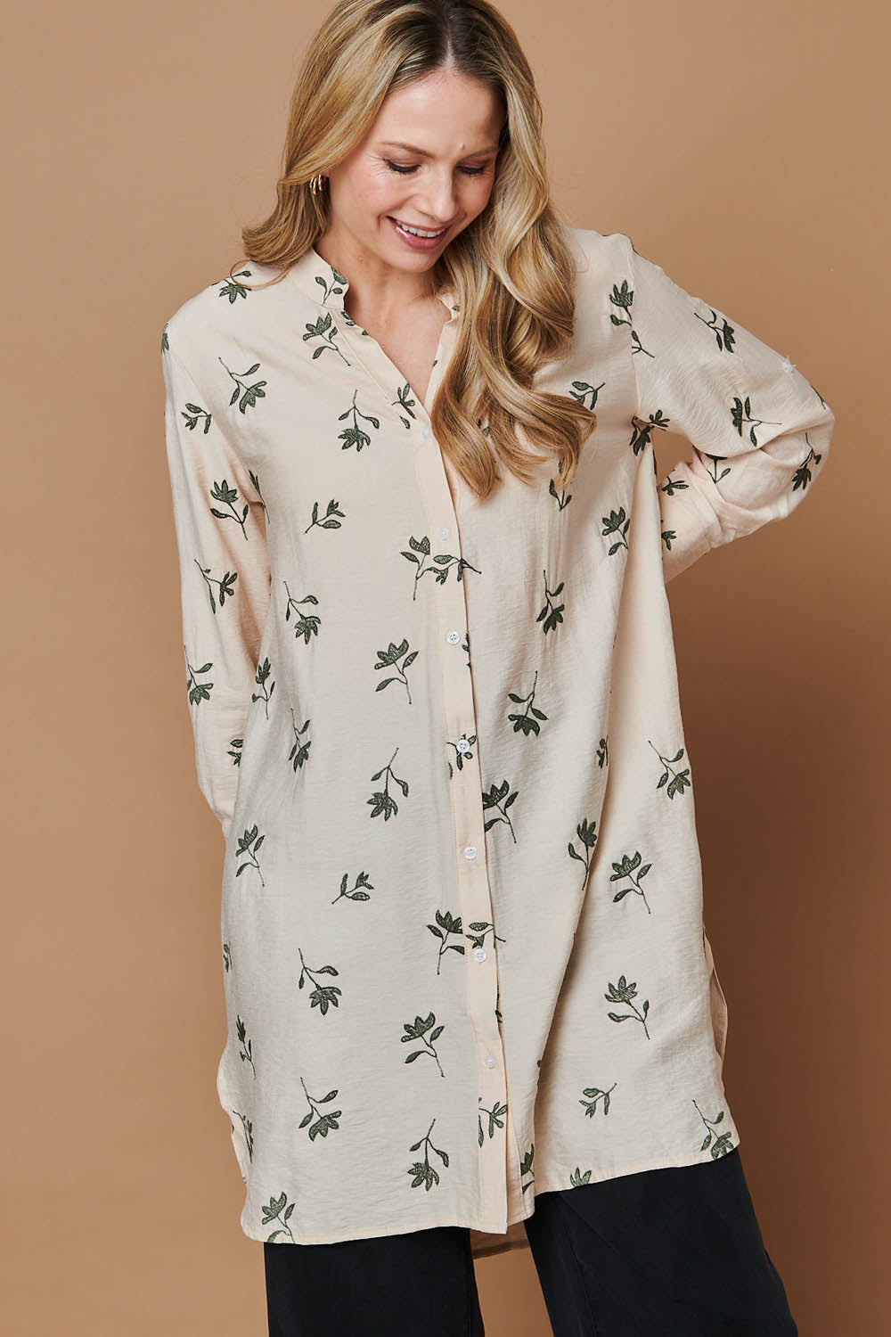 Floral Long Sleeve Casual Longline Shirt Full Length View
