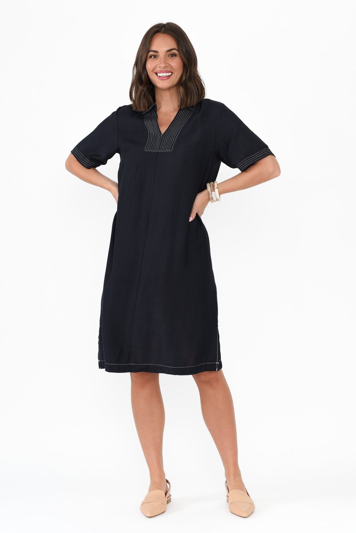 Tatiana Navy Contrast Collared Dress Full Length View