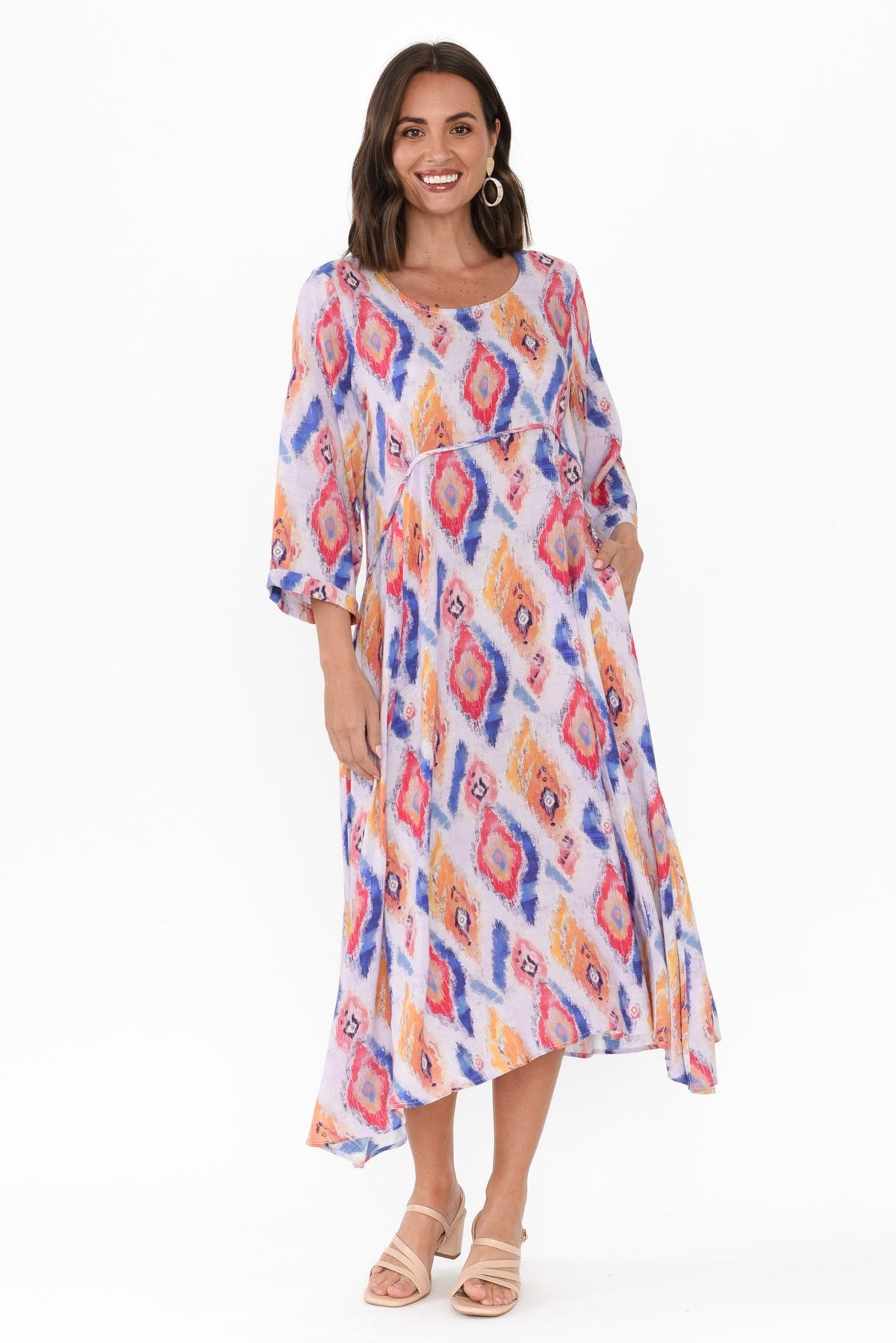 Teddy Blue Geo Sleeved Dress Full Length View