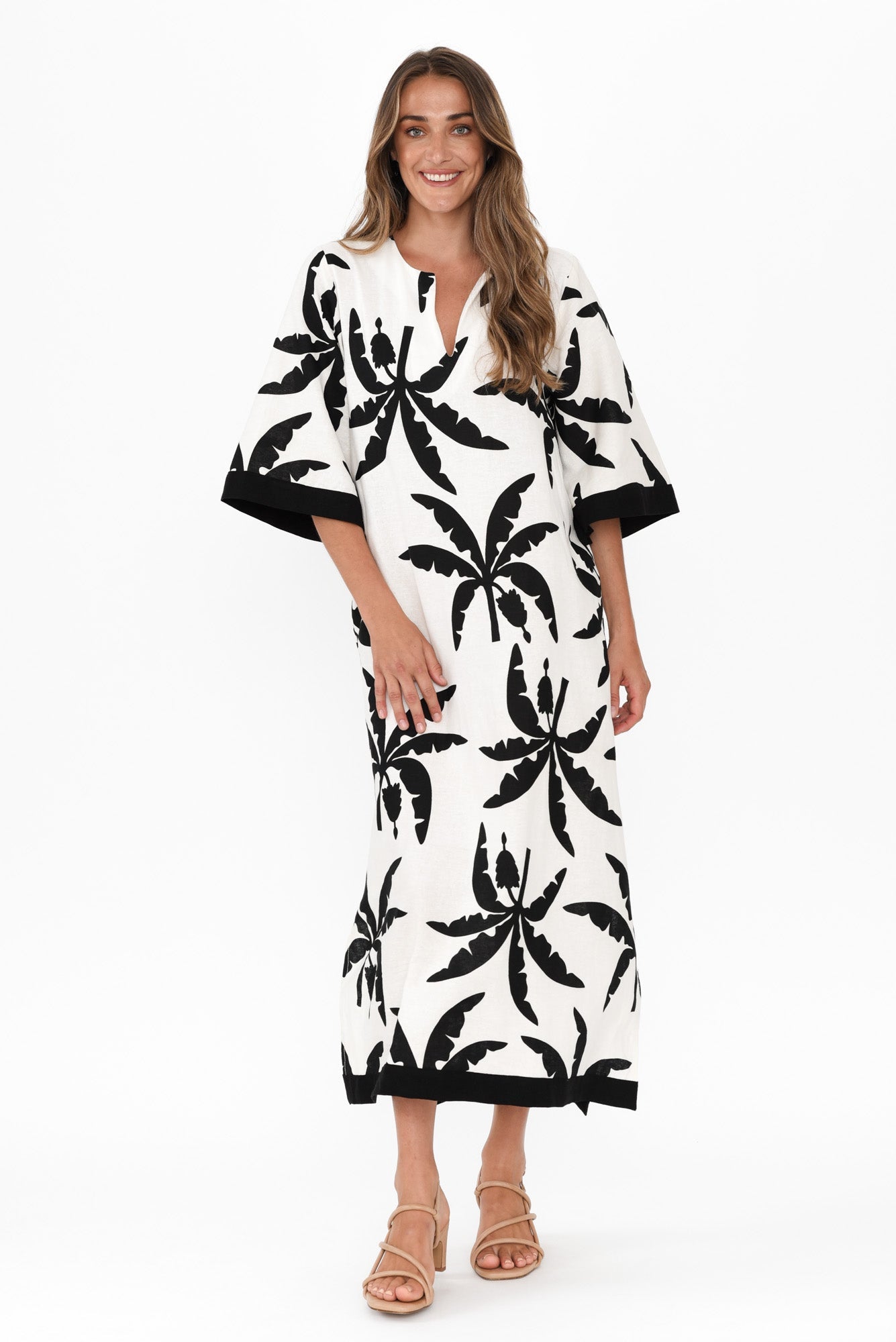 Tessie Black Tropical Linen Kaftan Front View 2