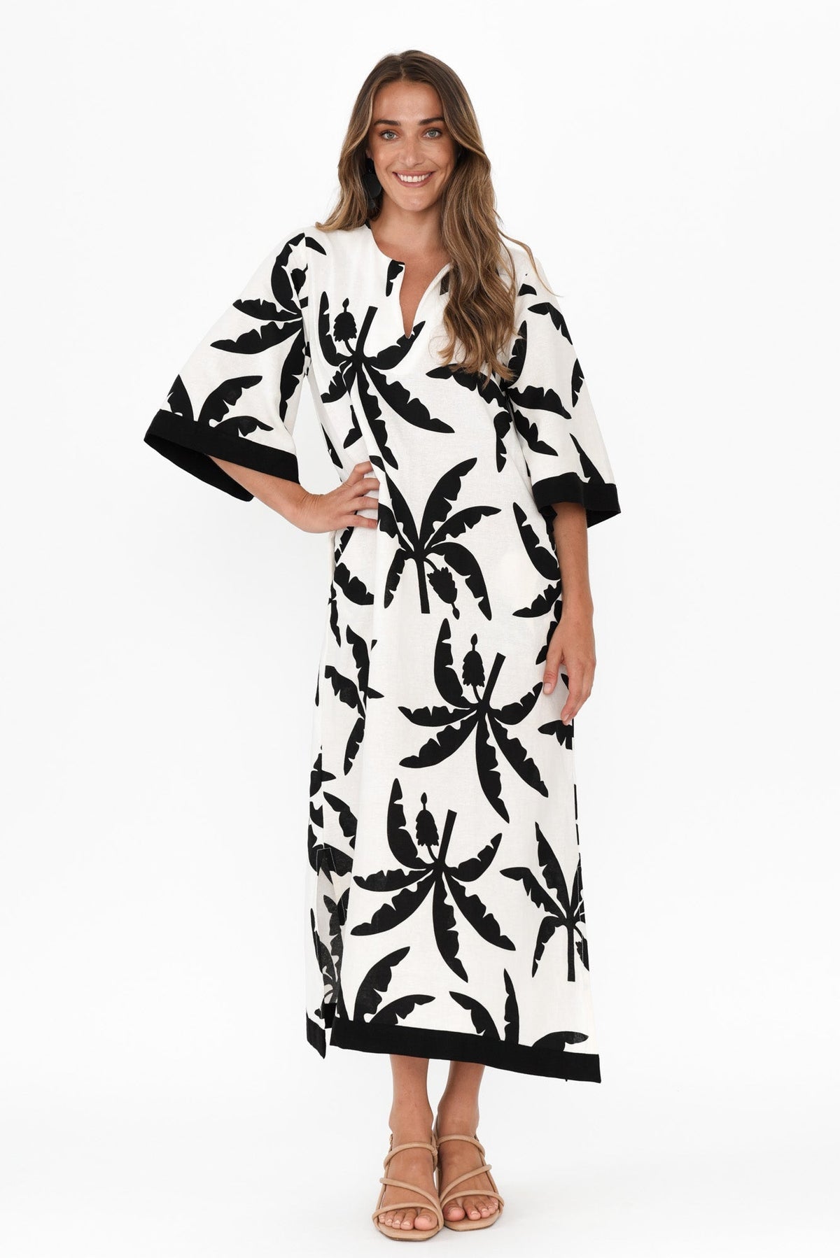 Tessie Black Tropical Linen Kaftan Full Length View