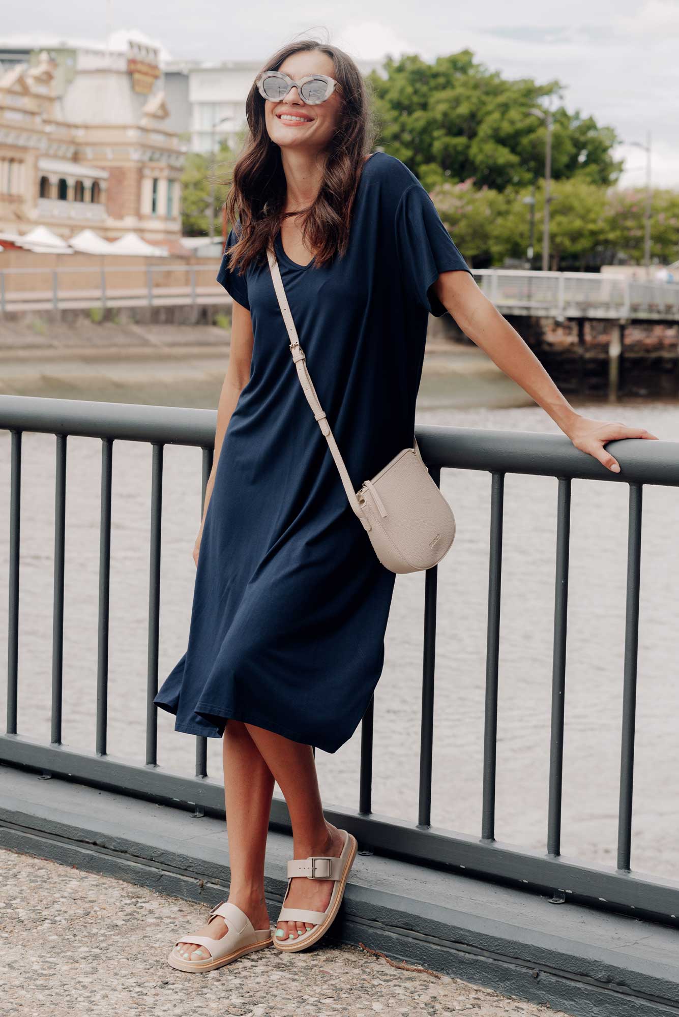 Tiffany Navy Bamboo Tee Dress Front View 2