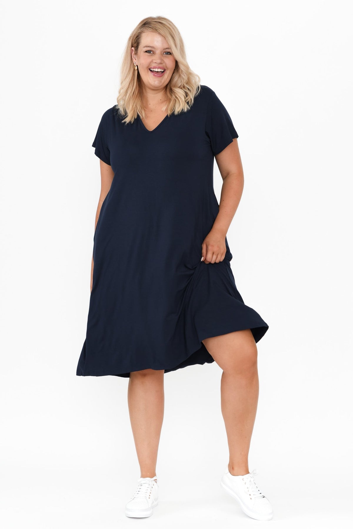 Tiffany Navy Bamboo Tee Dress Side View 2