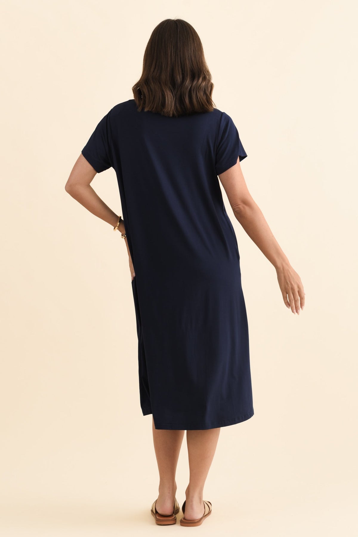 Tiffany Navy Bamboo Tee Dress Side View