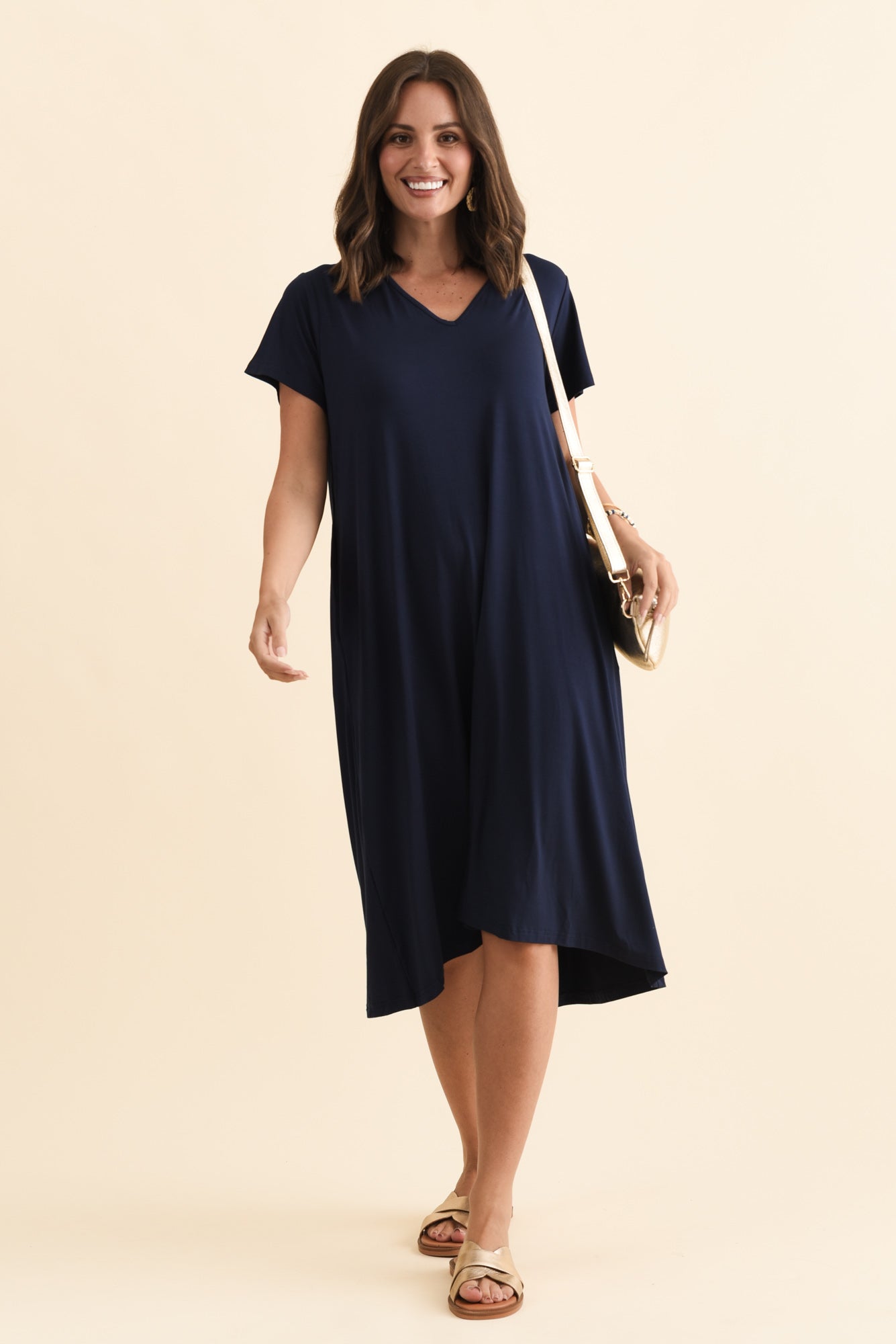 Tiffany Navy Bamboo Tee Dress Front View