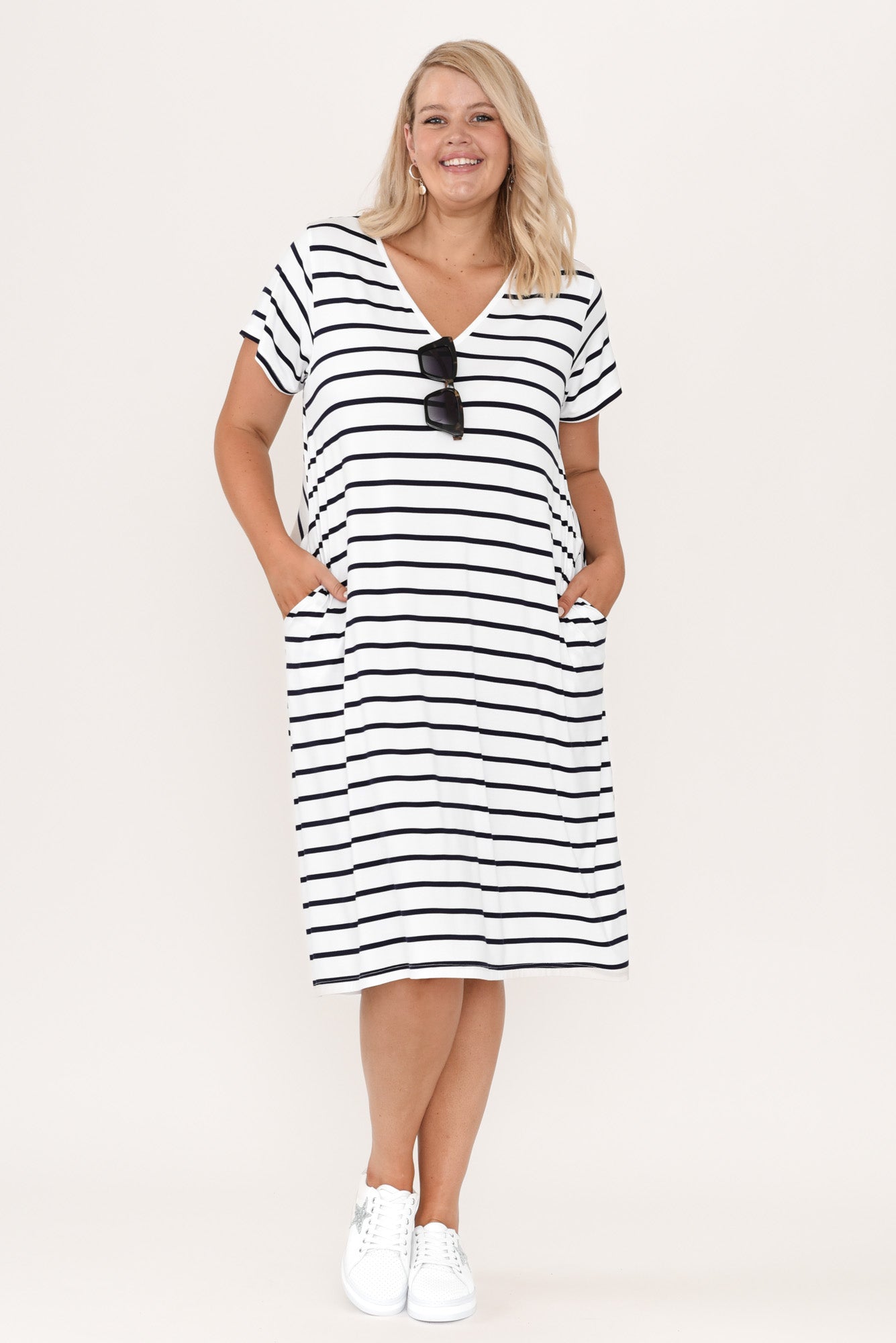 Tiffany White Stripe Bamboo Tee Dress Full Length View 2