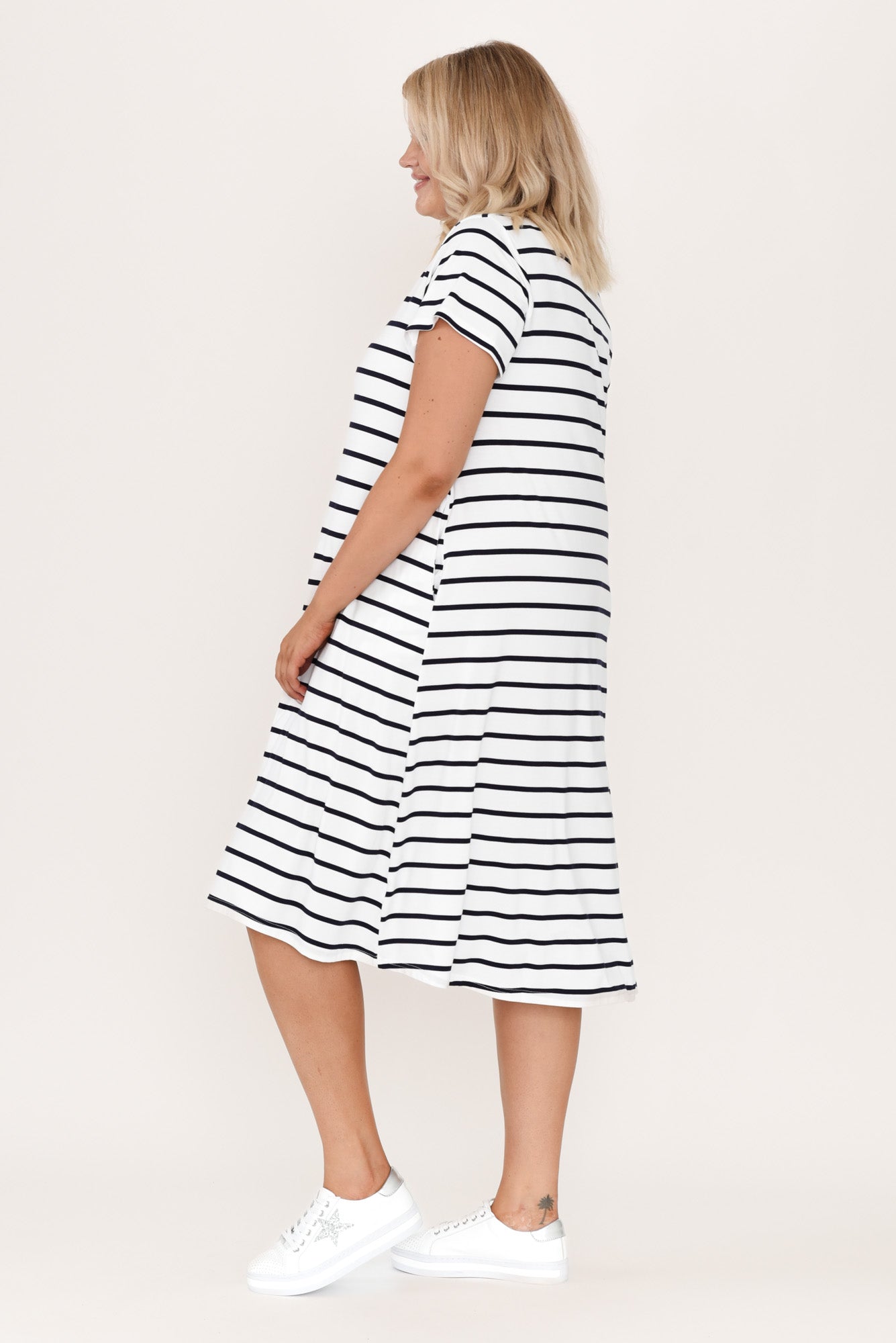 Tiffany White Stripe Bamboo Tee Dress Front View 3