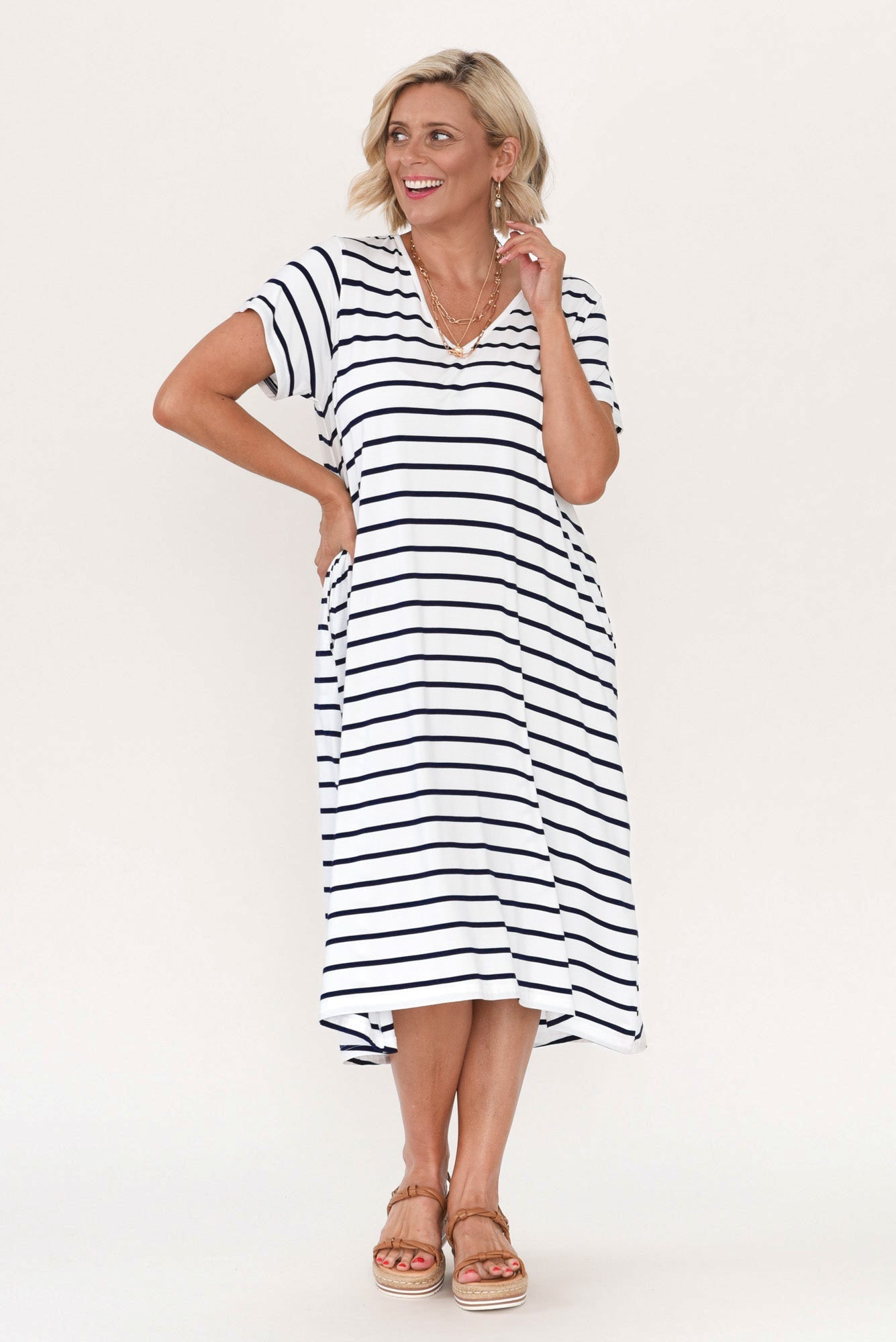 Tiffany White Stripe Bamboo Tee Dress Side View 2