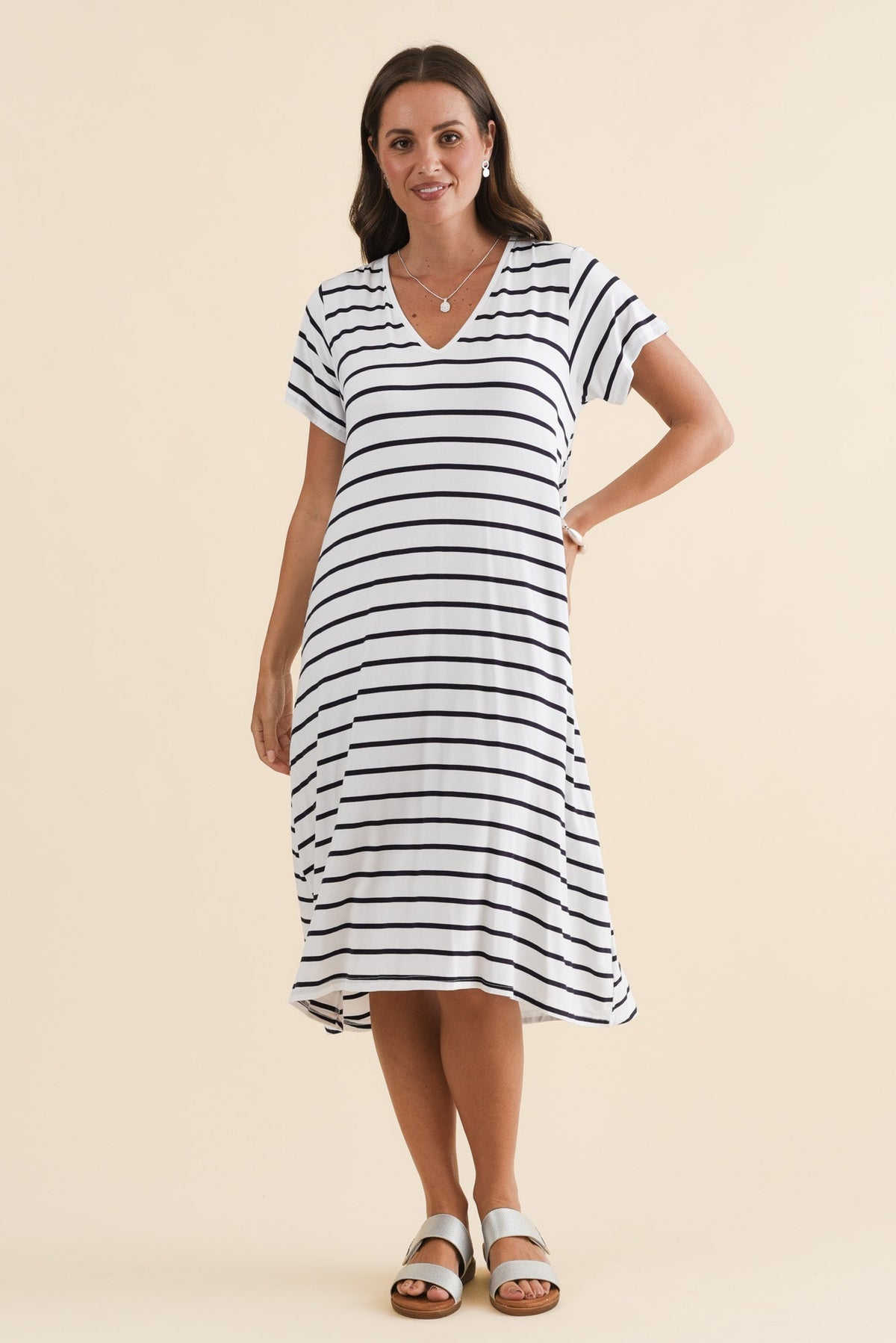 Tiffany White Stripe Bamboo Tee Dress Front View