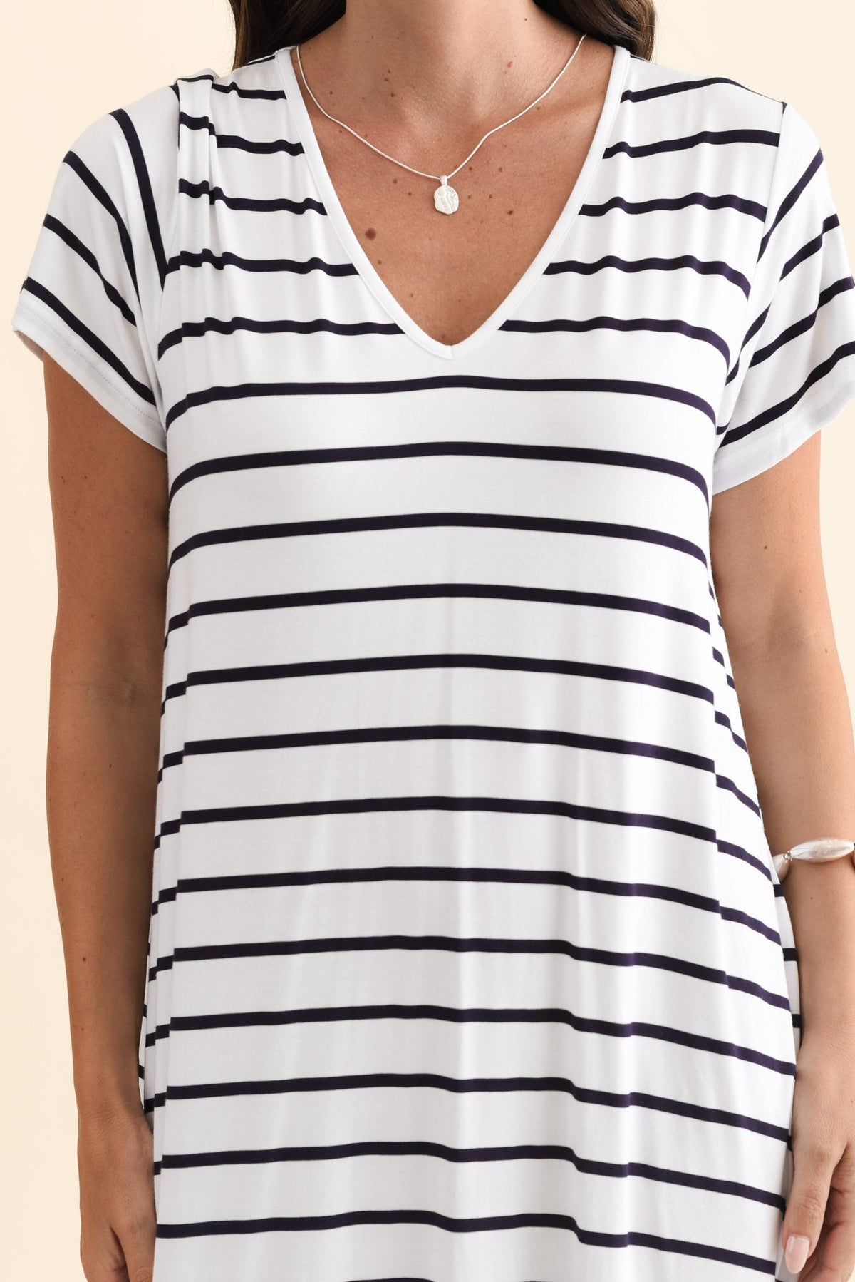 Tiffany White Stripe Bamboo Tee Dress Full Length View