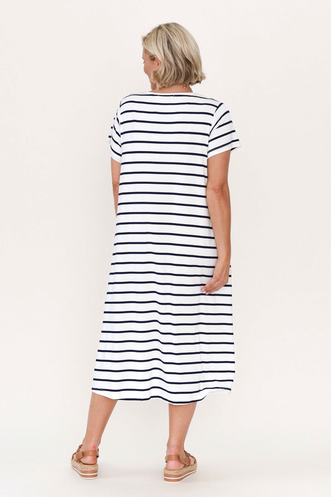 Tiffany White Stripe Bamboo Tee Dress Styled View 2