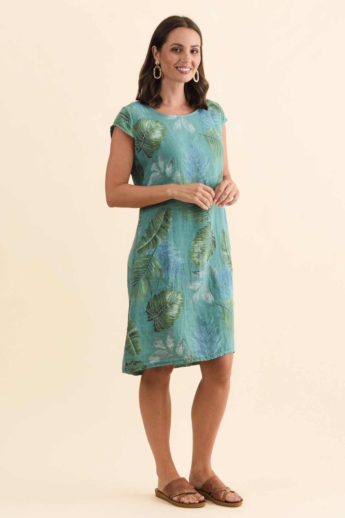 Tina Teal Palm Linen Pocket Dress Back View