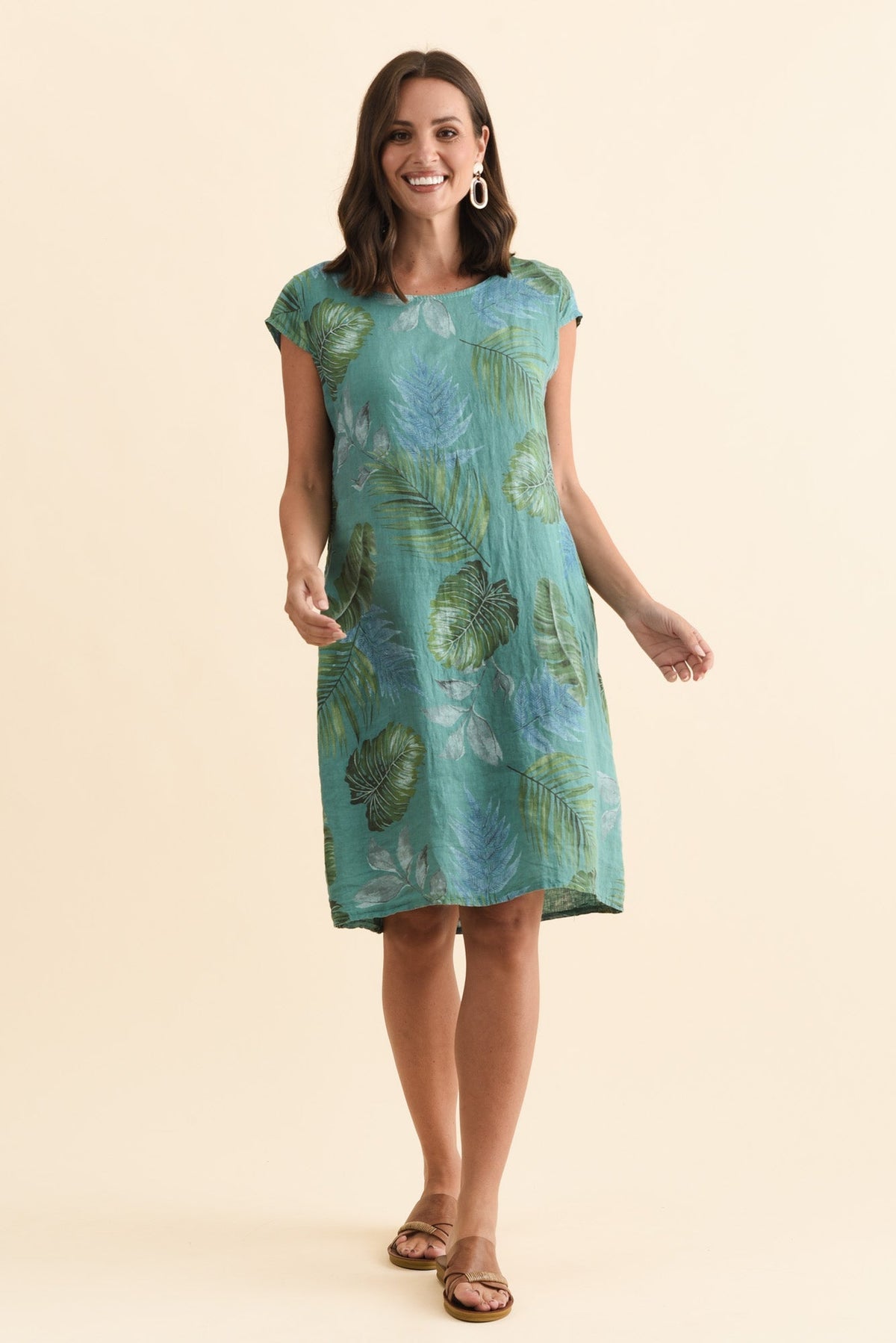 Tina Teal Palm Linen Pocket Dress Full Length View