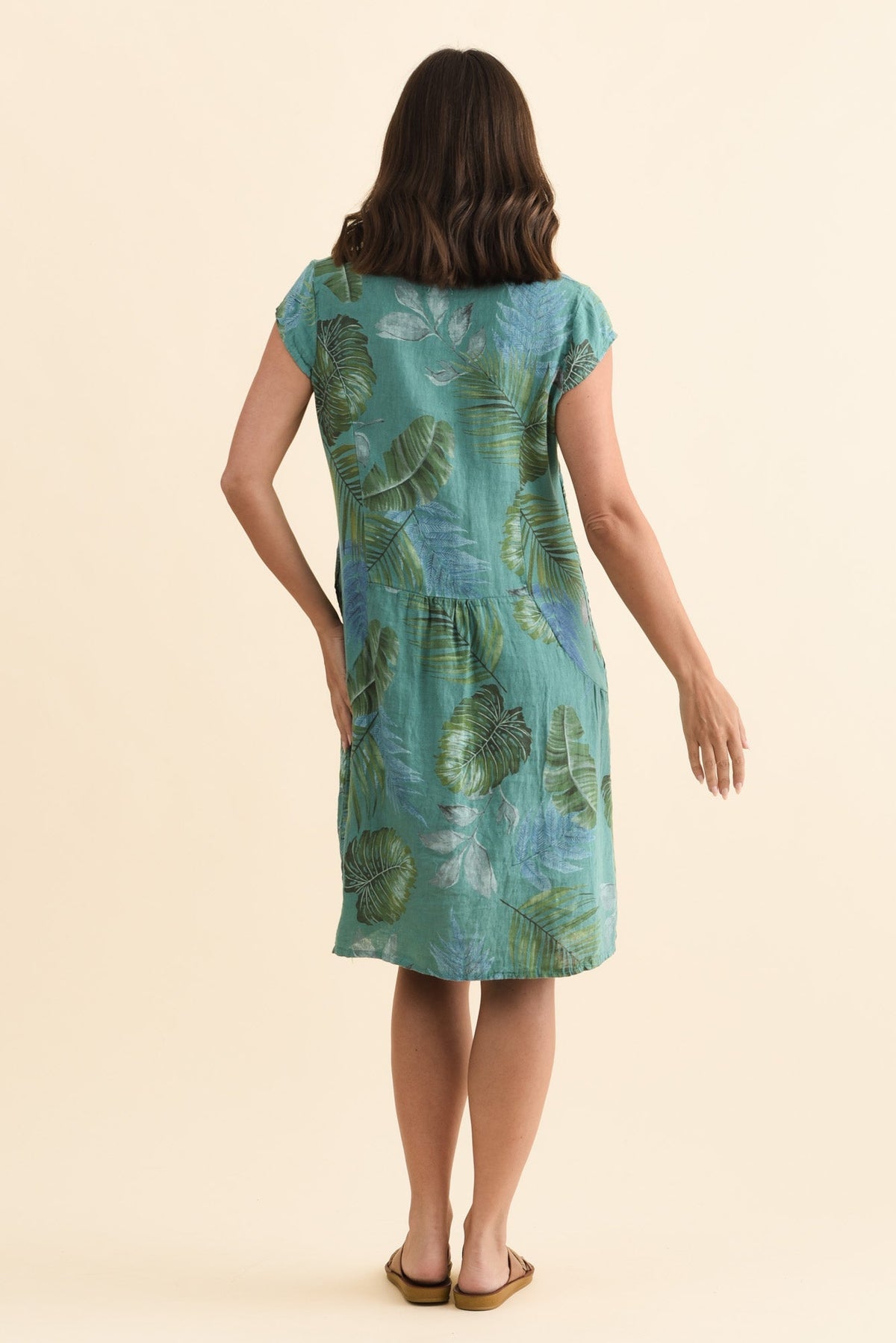 Tina Teal Palm Linen Pocket Dress Side View