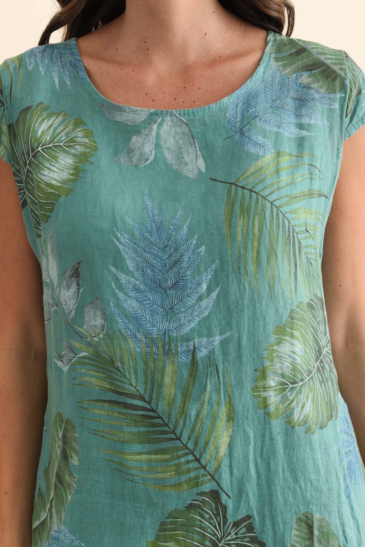 Tina Teal Palm Linen Pocket Dress Detail View