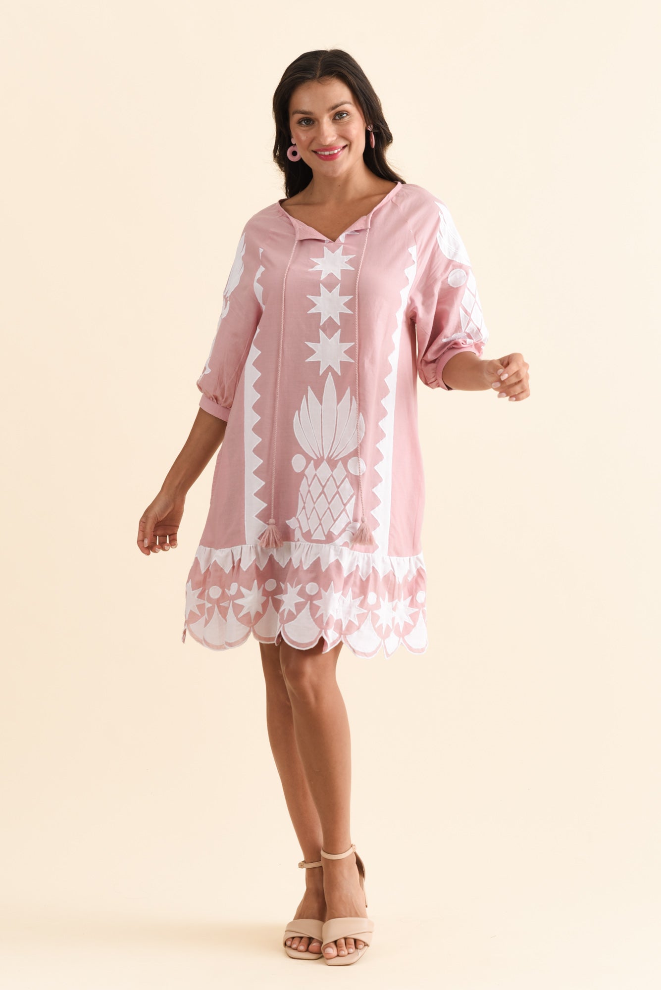 Tori Pink Abstract Cotton Tassel Dress Front View