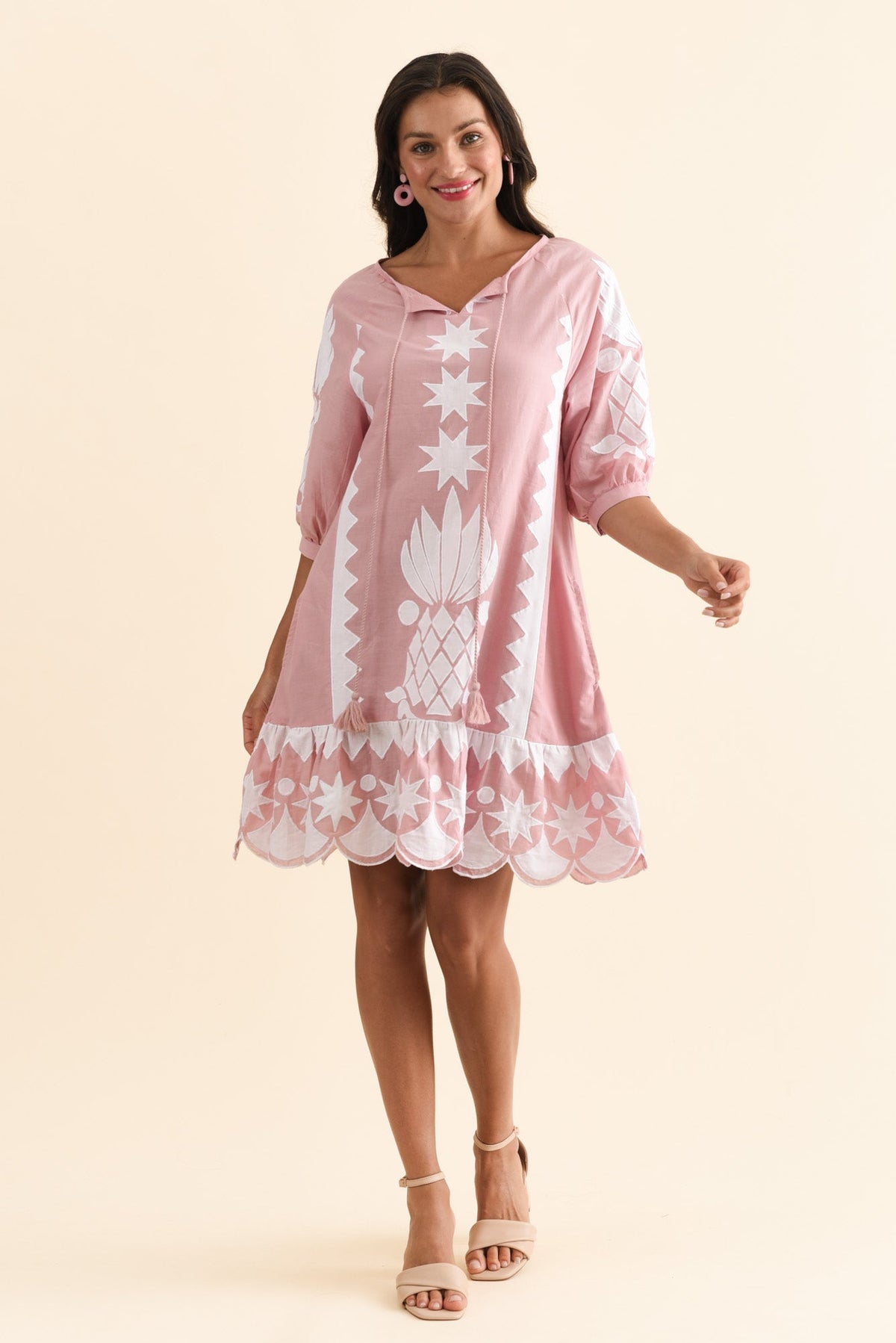 Tori Pink Abstract Cotton Tassel Dress Full Length View