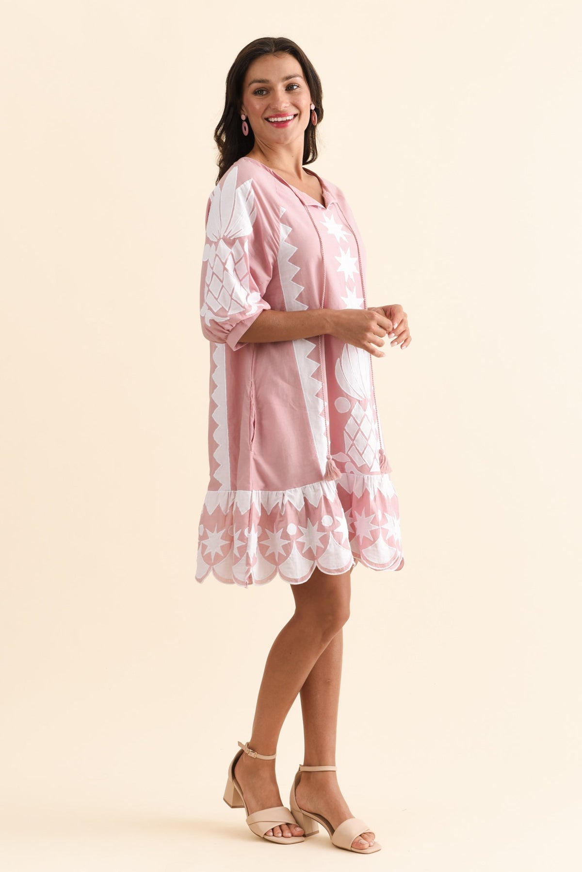 Tori Pink Abstract Cotton Tassel Dress Back View