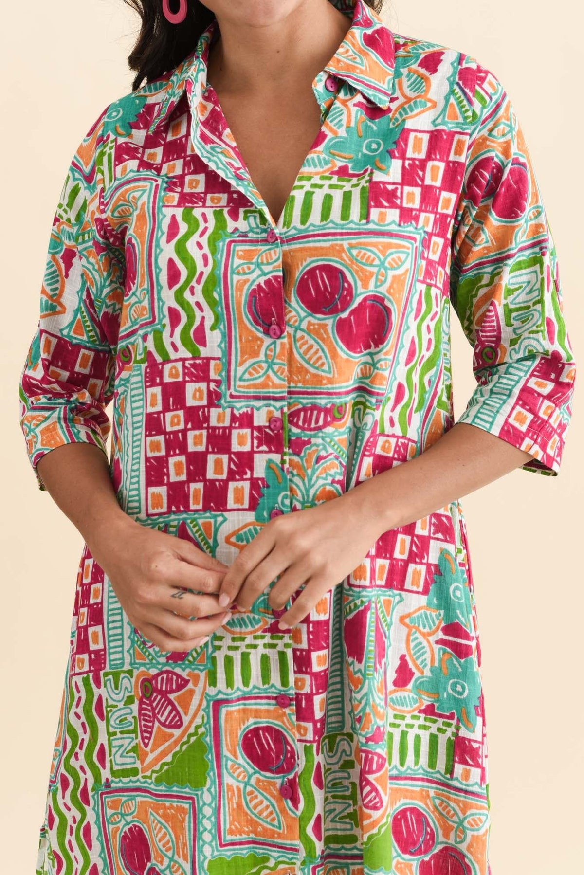 Tricia Green Tile Cotton Shirt Dress Detail View