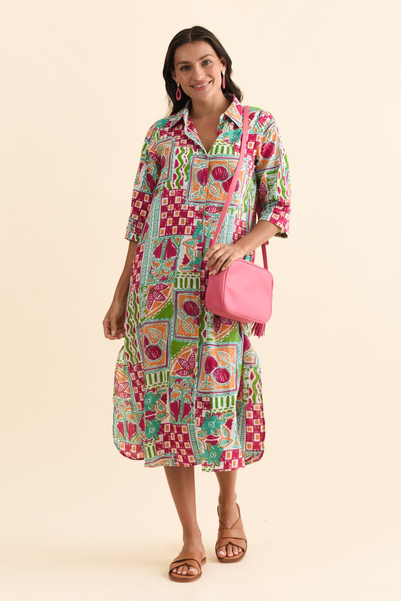 Tricia Green Tile Cotton Shirt Dress Front View 2