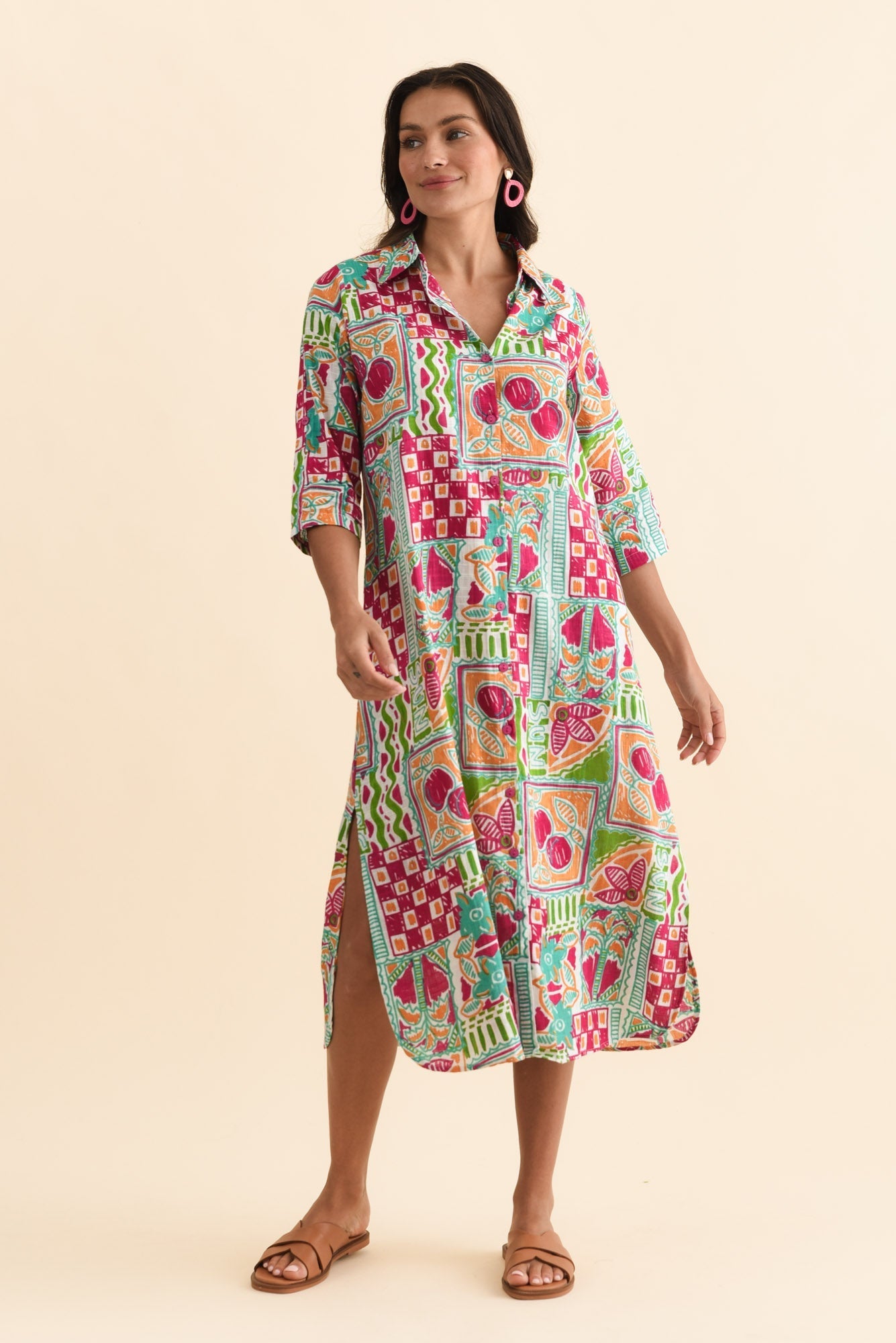 Tricia Green Tile Cotton Shirt Dress Front View