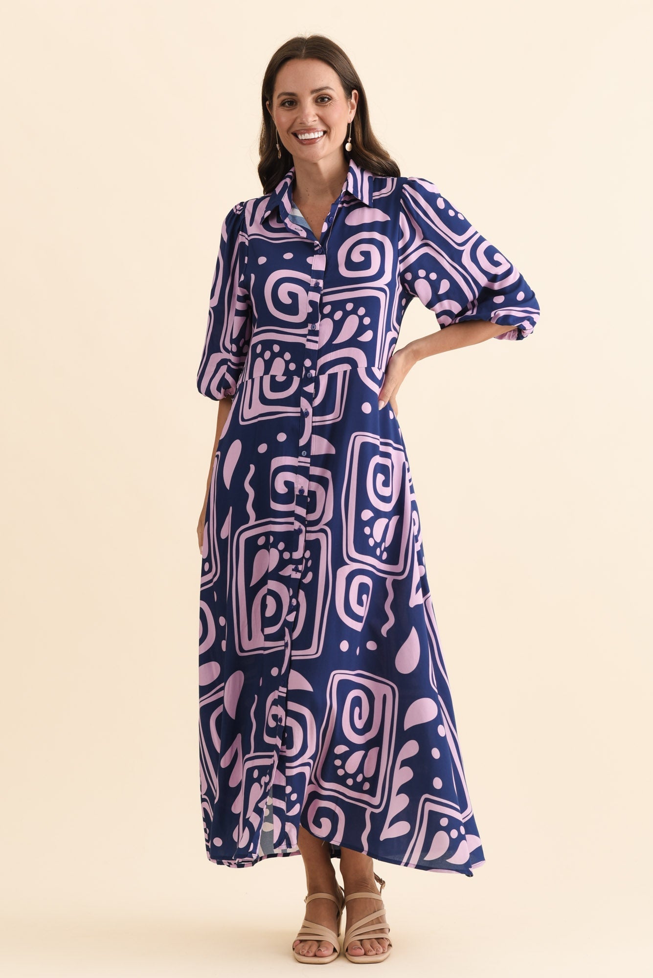 Trinity Navy Abstract Tie Dress Front View