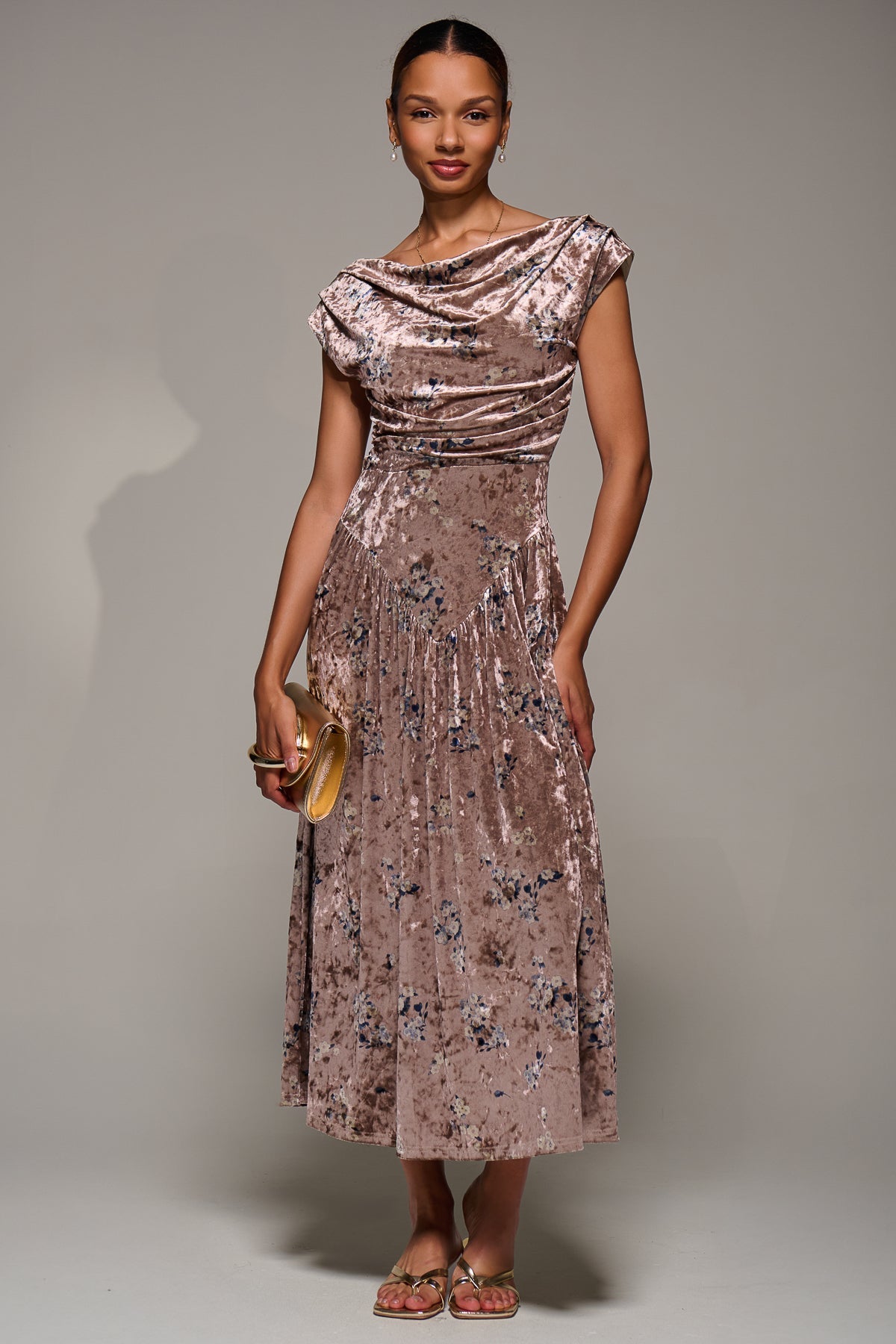 Cowl Neckline Draped Velvet Midaxi Dress Front View