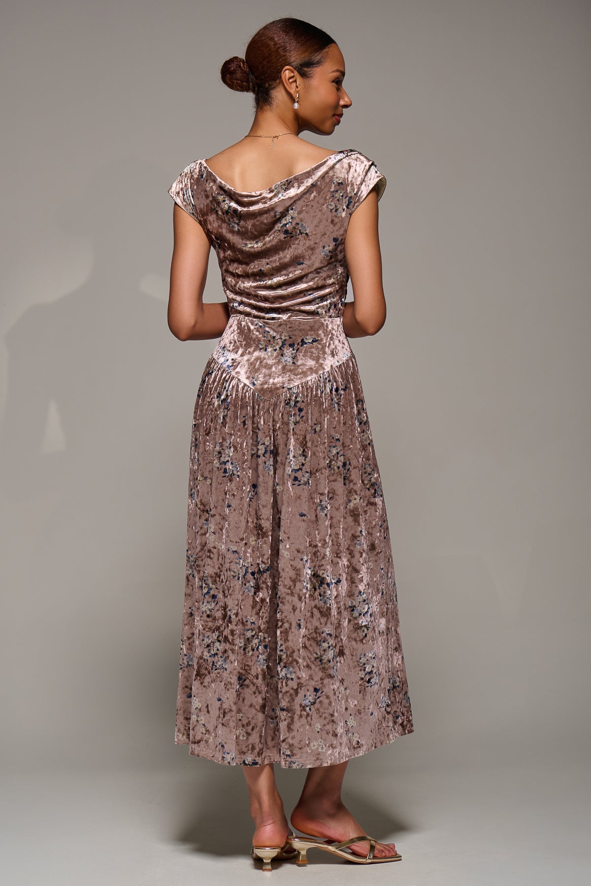 Cowl Neckline Draped Velvet Midaxi Dress Back View