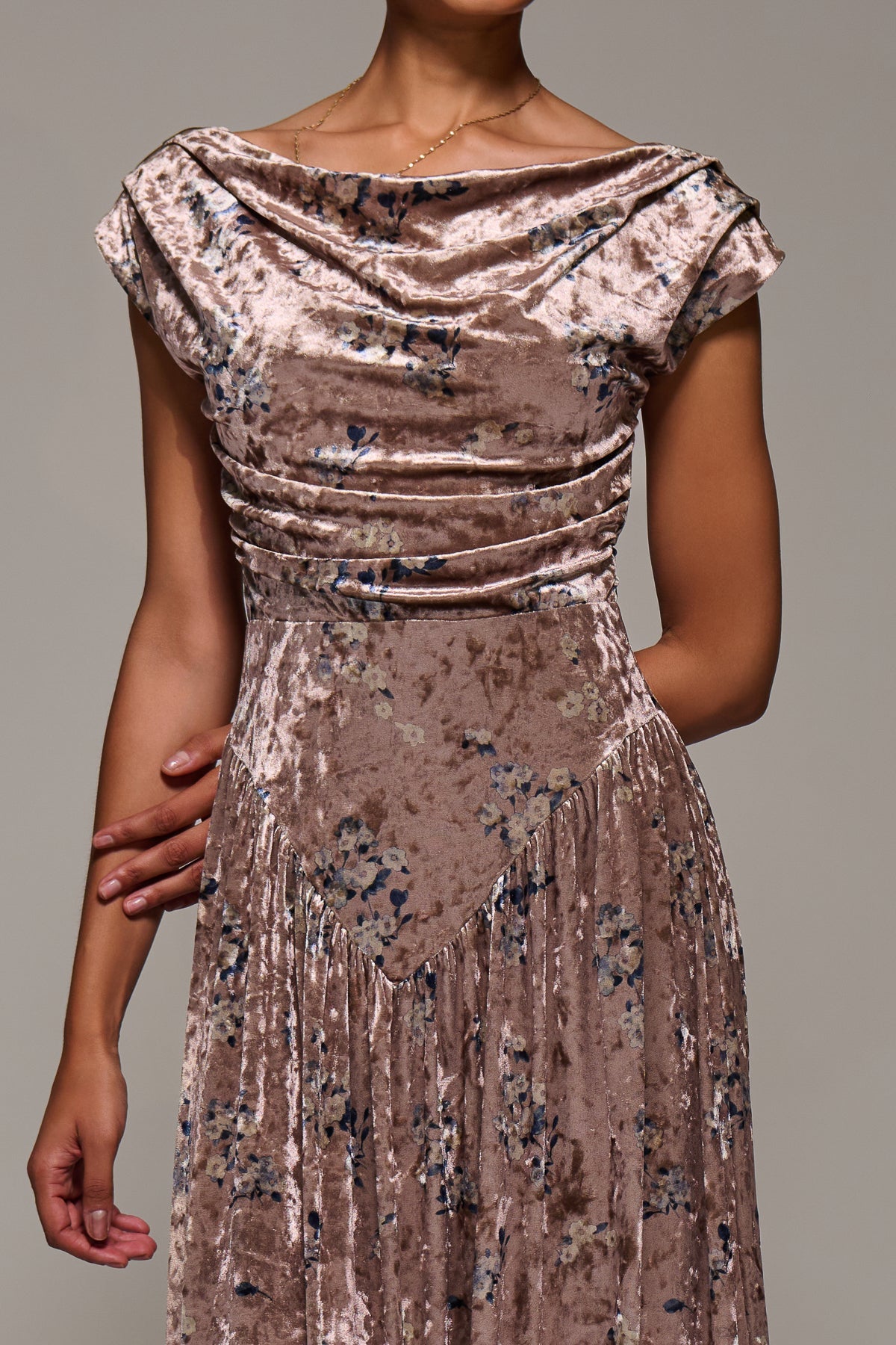 Cowl Neckline Draped Velvet Midaxi Dress Side View