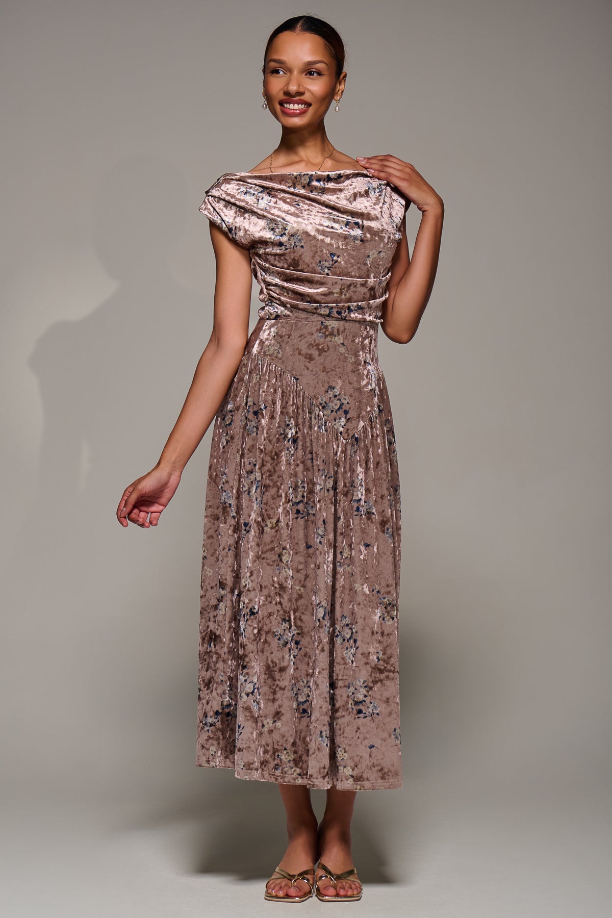 Cowl Neckline Draped Velvet Midaxi Dress Front View 2