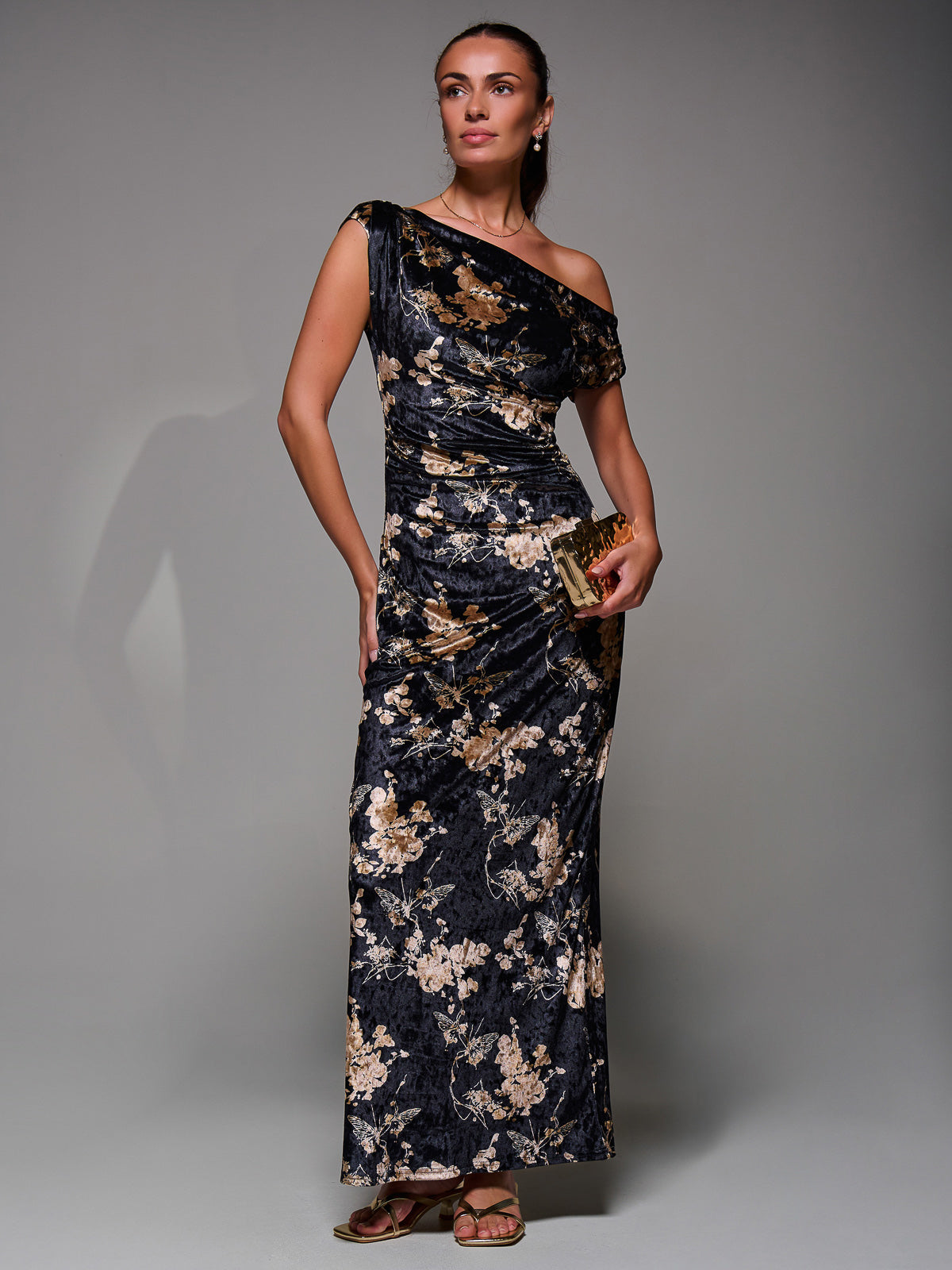 Printed Velvet Draped Maxi Dress Front View