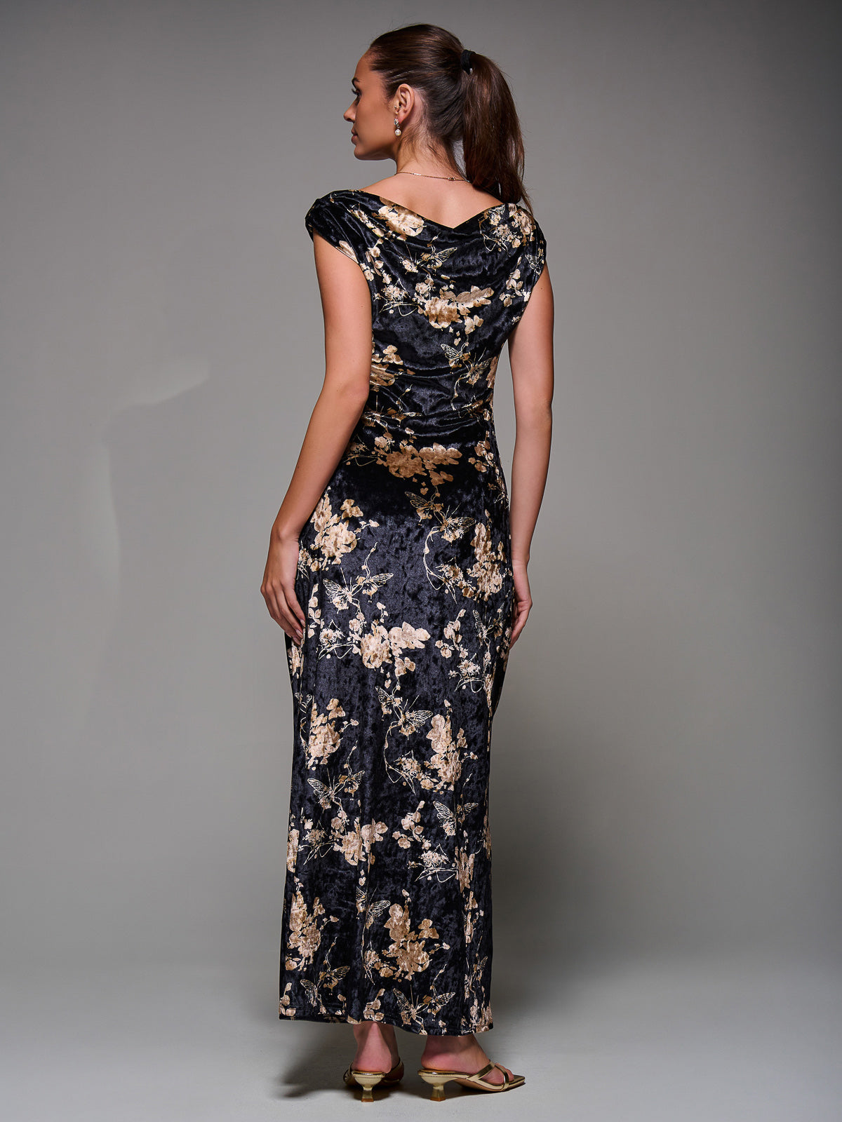 Printed Velvet Draped Maxi Dress Back View