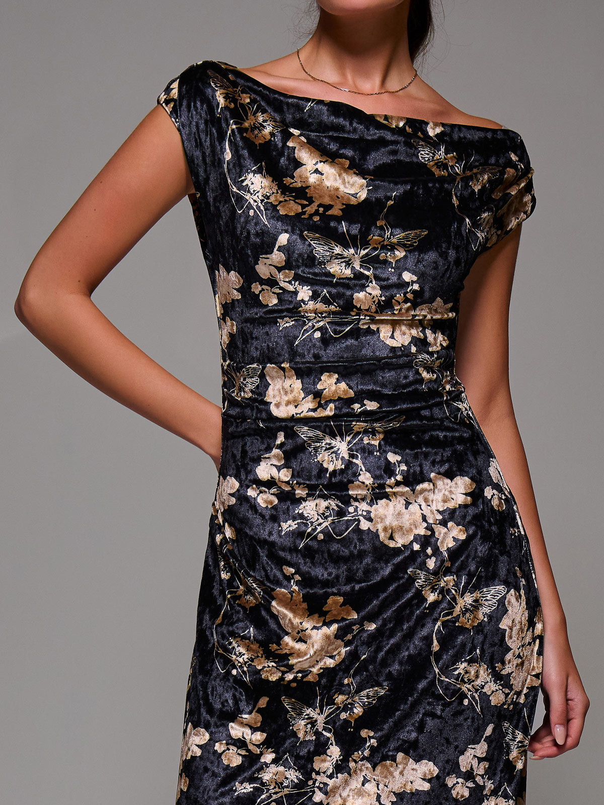 Printed Velvet Draped Maxi Dress Side View